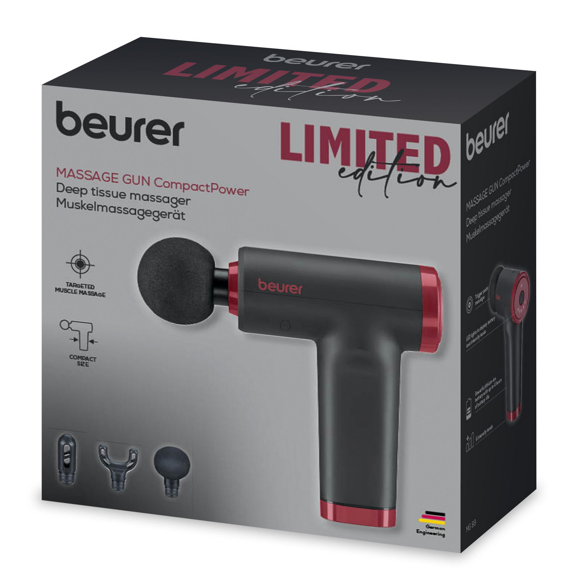 Eine schwarz-rote Massagepistole in einer Schachtel. Auf der Schachtel steht 'Limited Edition' und 'Massage Gun CompactPower'.