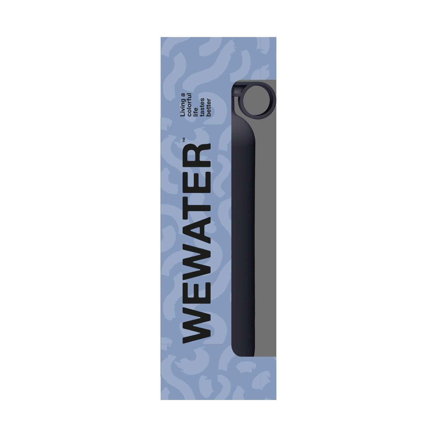 Immagine verticale di un packaging di bottiglia d'acqua. Ha il marchio WEWATER, uno slogan e un'illustrazione della bottiglia.