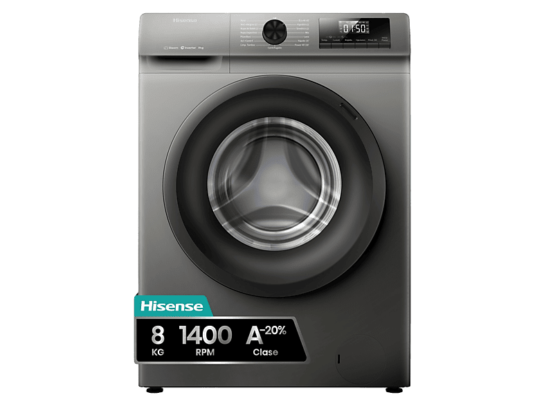 Lavadora carga frontal - Hisense WF1Q8041BT, 8 kg, 1400 Rpm, Función Vapor, Eficiencia A-20%, Gris