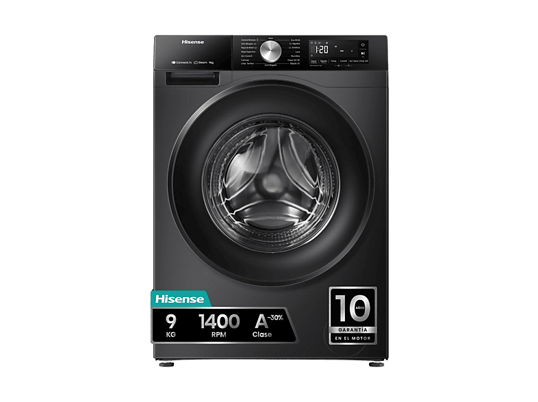 Lavadora carga frontal - Hisense WF3S9043BB3, 9 Kg, 1400 rpm, 14 programas, WiFi&Bluetooth, Clase A-30% Negro