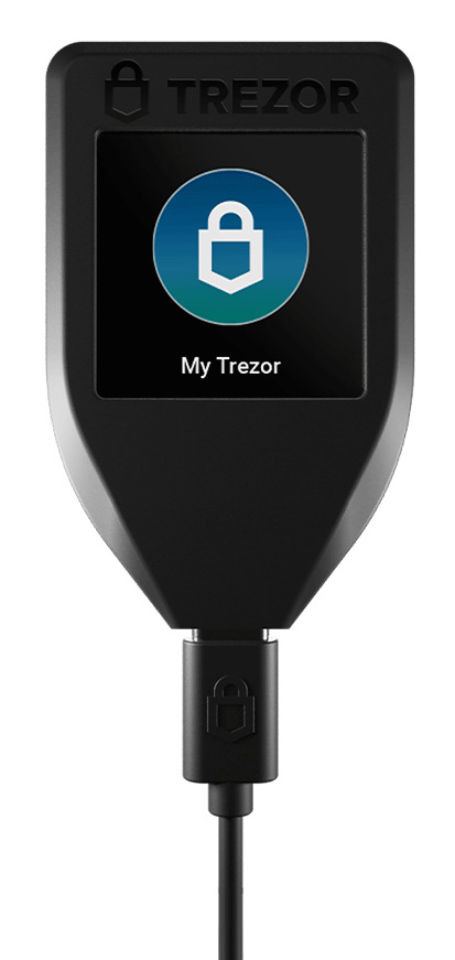 Czarny portfel sprzętowy Trezor z ekranem wyświetlającym ikonę kłódki. Kabel USB wychodzi z dołu.