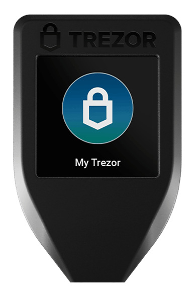 Czarny portfel sprzętowy Trezor z ekranem pokazującym ikonę kłódki, z napisem 'My Trezor'.
