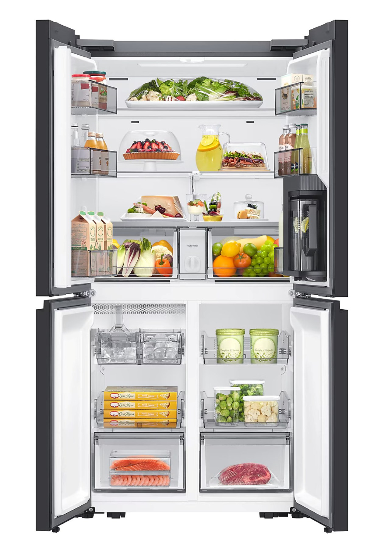 Lodówka z otwartymi drzwiami. Zawiera owoce, warzywa, napoje i gotowe posiłki. Lodówka jest dobrze zorganizowana i pełna.