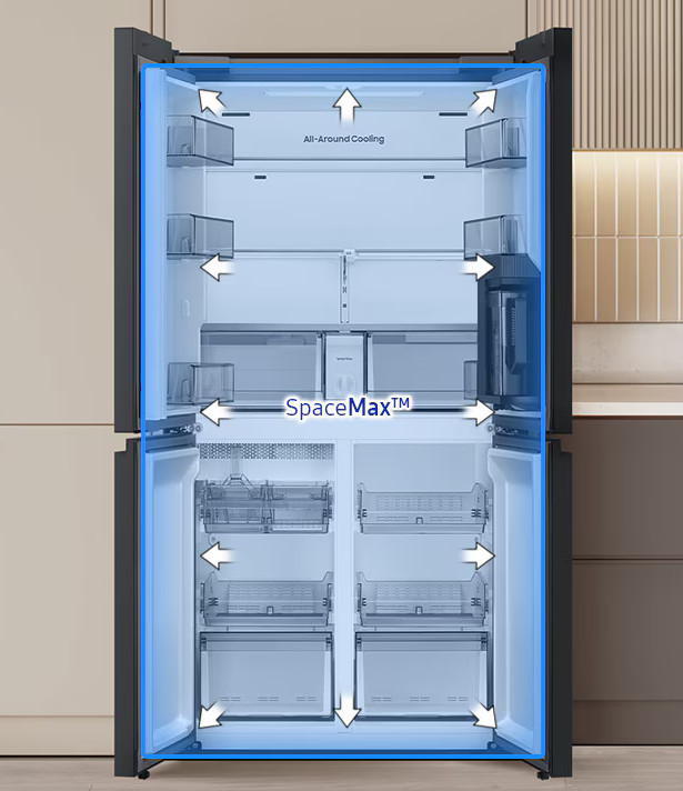 Otwarta lodówka pokazująca przegrody, półki i szuflady. Strzałki wskazują na chłodzenie dookoła. Widoczna technologia SpaceMax.