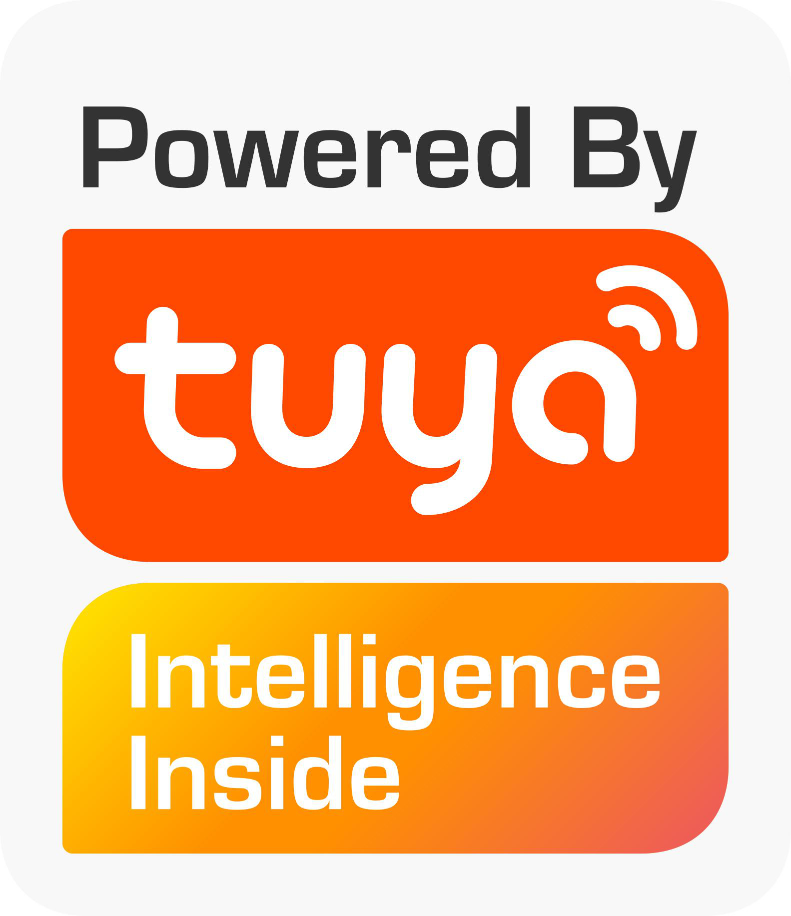 Logo mit "Powered By tuya Intelligence Inside". Tuya-Logo in orangefarbener Box, weißer Text, ein WLAN-Symbol.
