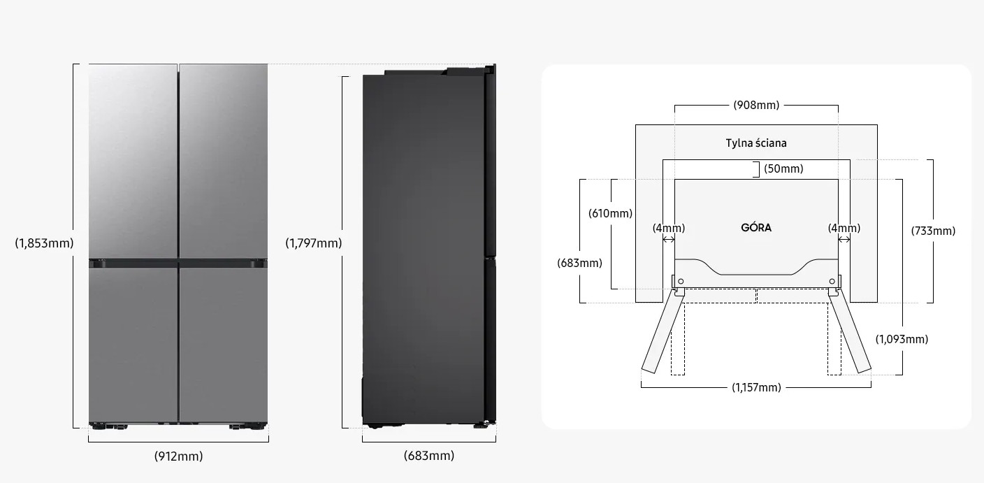 Srebrno-czarna lodówka z wymiarami. Diagram przedstawia tył z wymiarami w milimetrach.