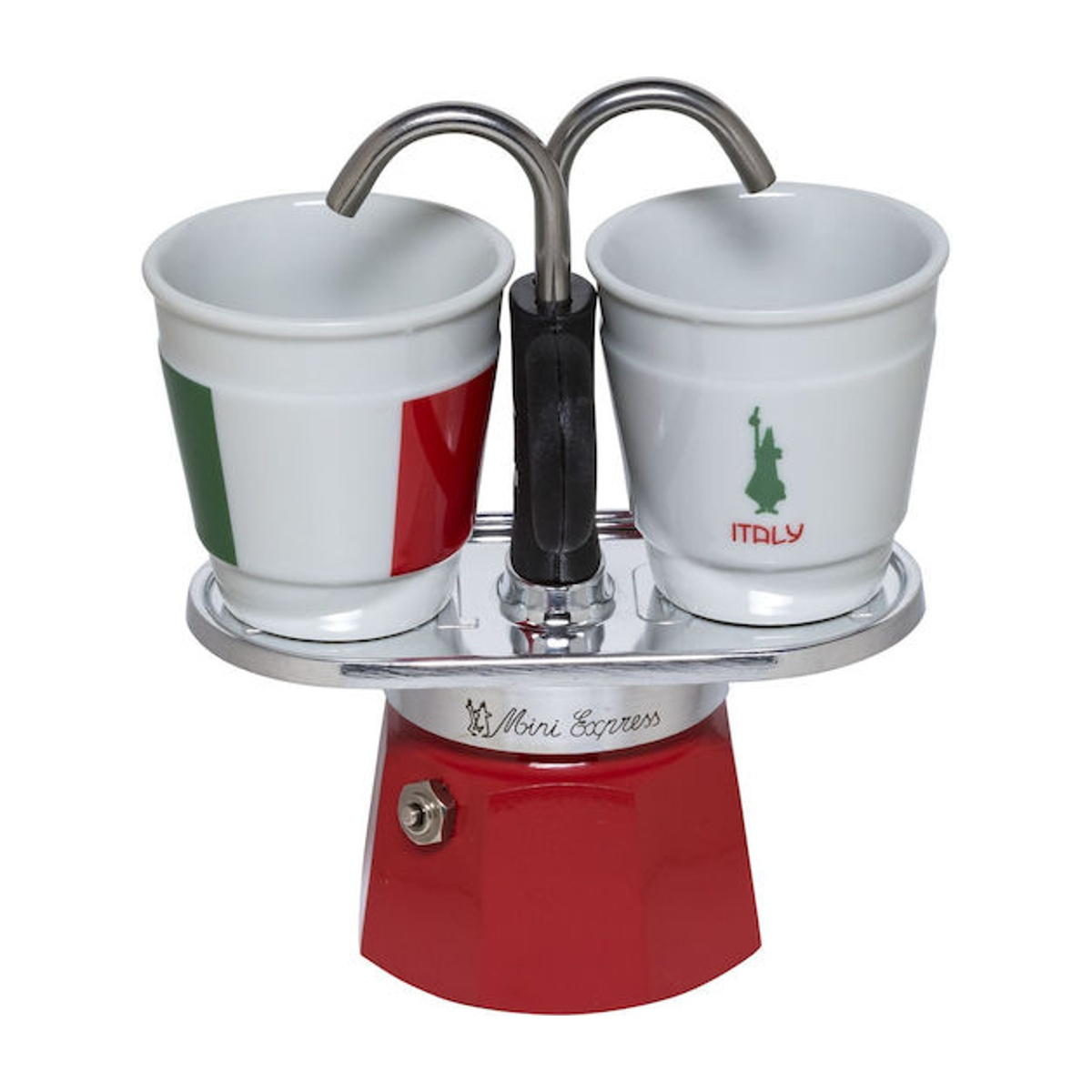 Una macchina per caffè espresso Mini Express rossa con due tazze bianche. Una tazza ha la bandiera italiana, l'altra la Statua della Libertà.