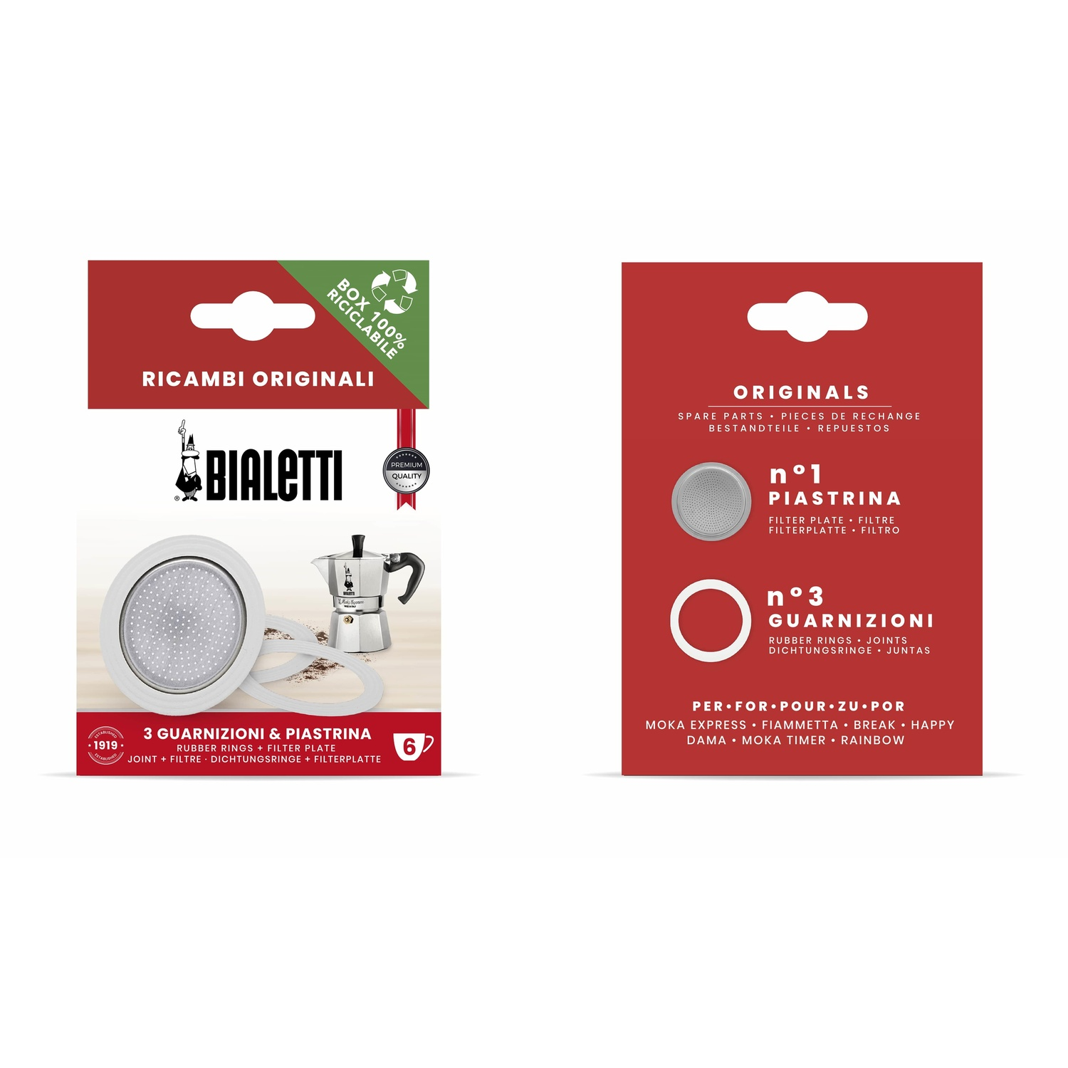 Confezione di prodotto per ricambi macchina da caffè Bialetti. Include piastra filtro, guarnizioni in gomma e caffettiera Moka. Colori: rosso, bianco e verde.
