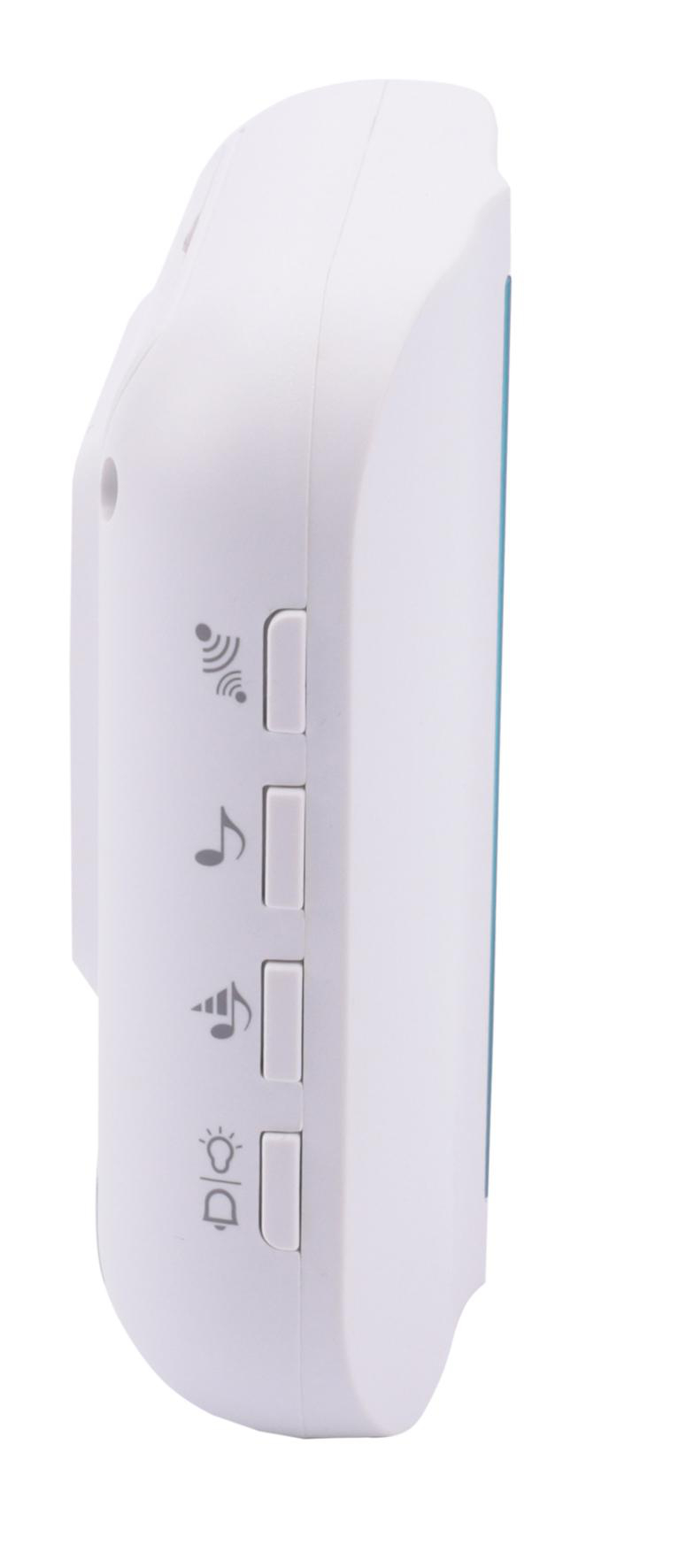 Ein weißes, abgerundetes Gerät. Es hat Knöpfe mit Symbolen: WLAN, Noten, Noten mit Pfeil nach oben und eine Glühbirne.