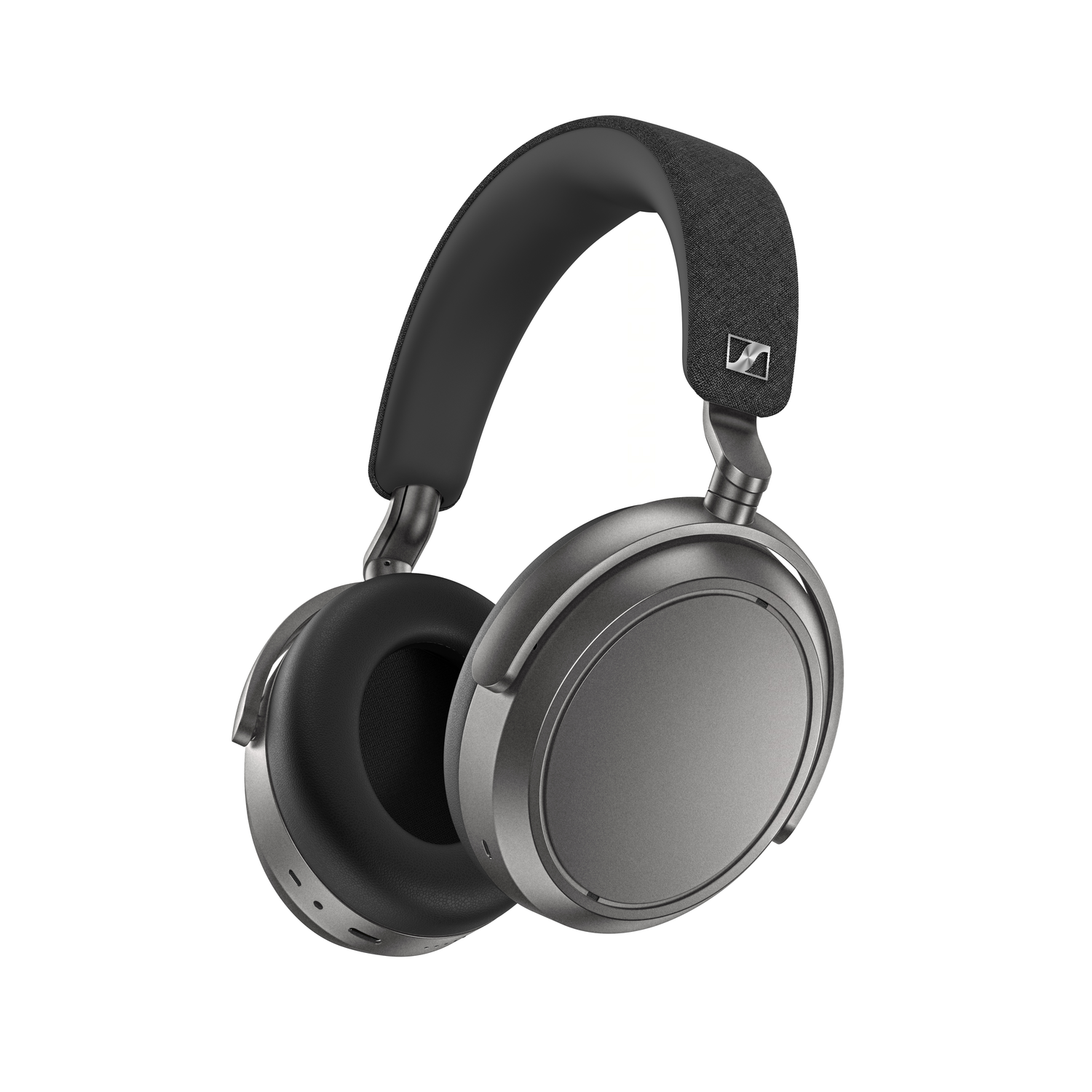 A pair of gray and black headphones, set against a white background. The Sennheiser logo is visible on the headband.