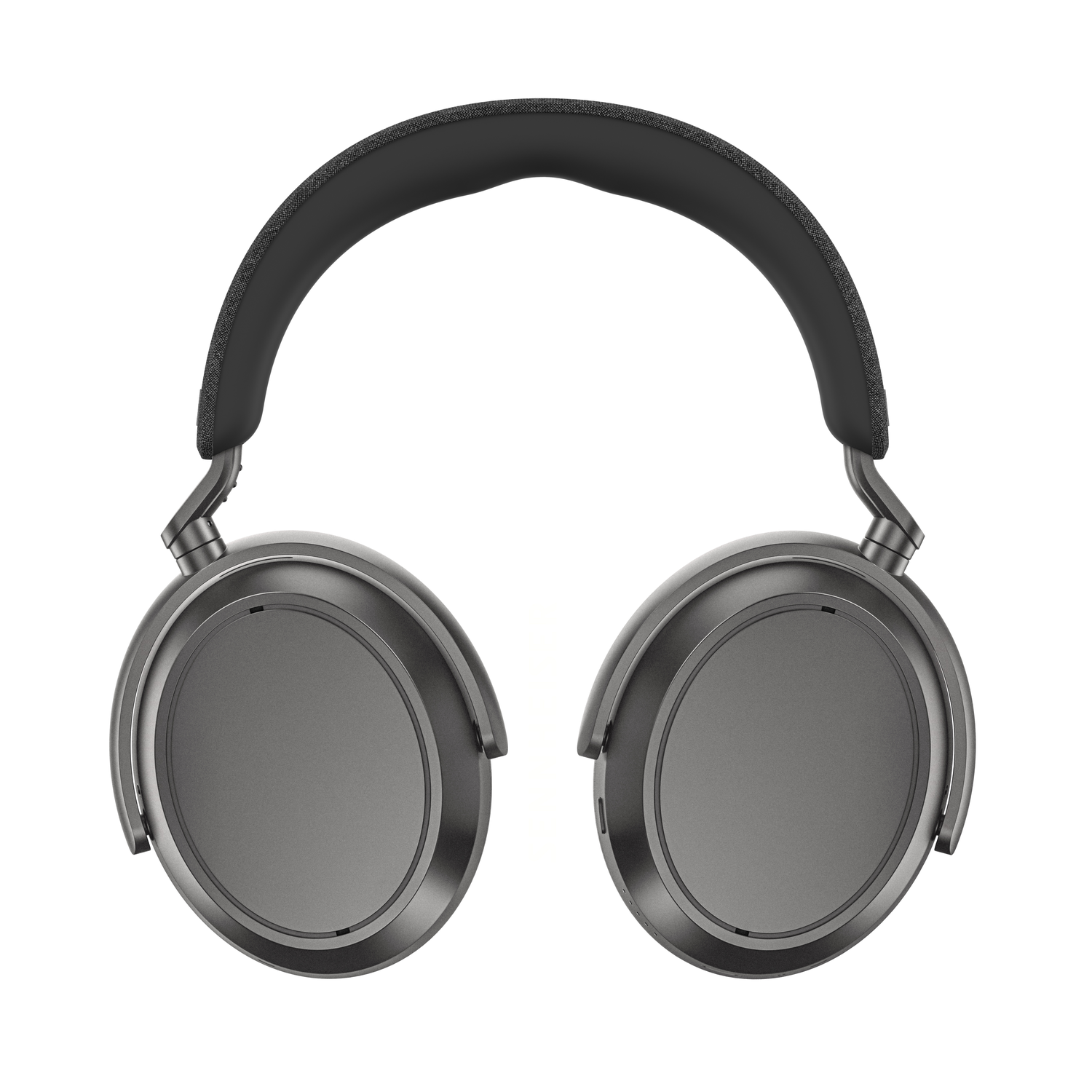 Overhead headphones with gray earcups and a black headband on a white background. The earcups are oval.