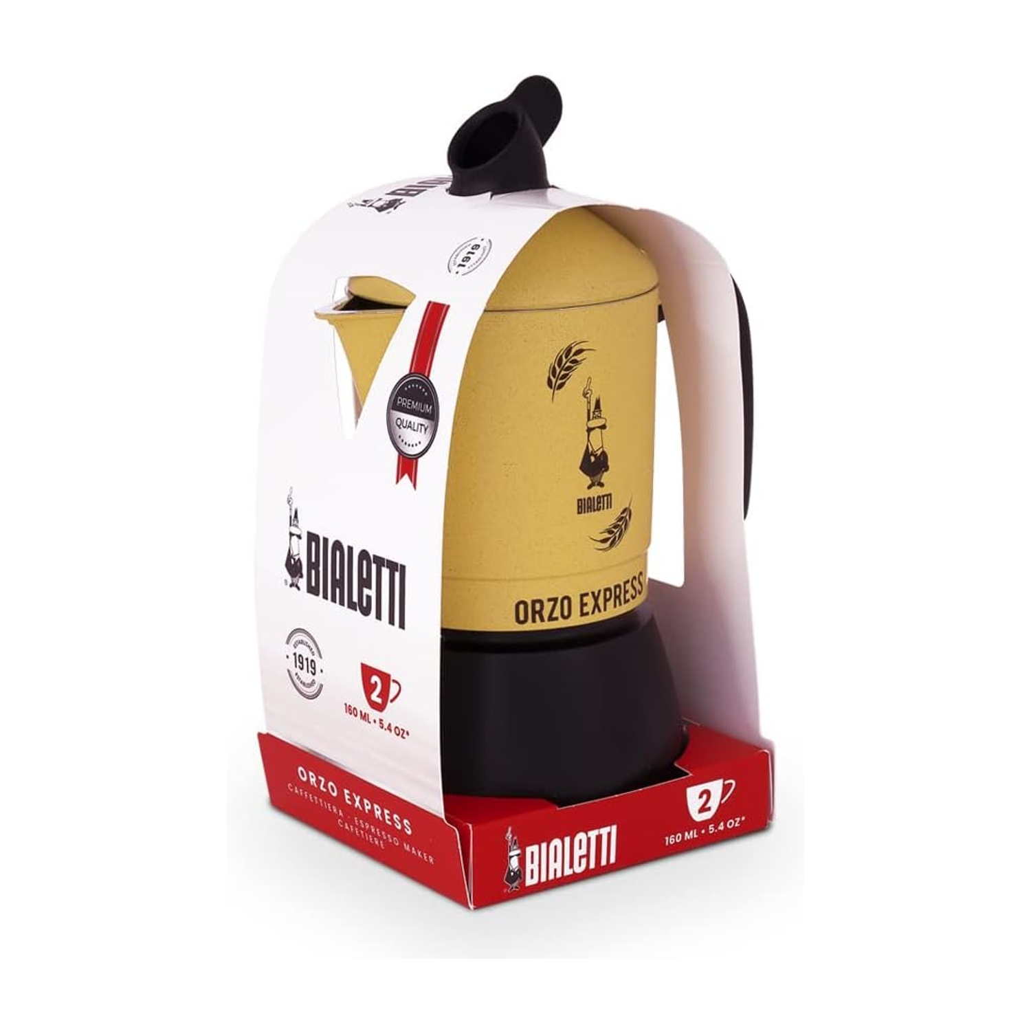 Una caffettiera Bialetti Orzo Express nella sua scatola. La scatola è bianca e rossa. La caffettiera è gialla e nera.