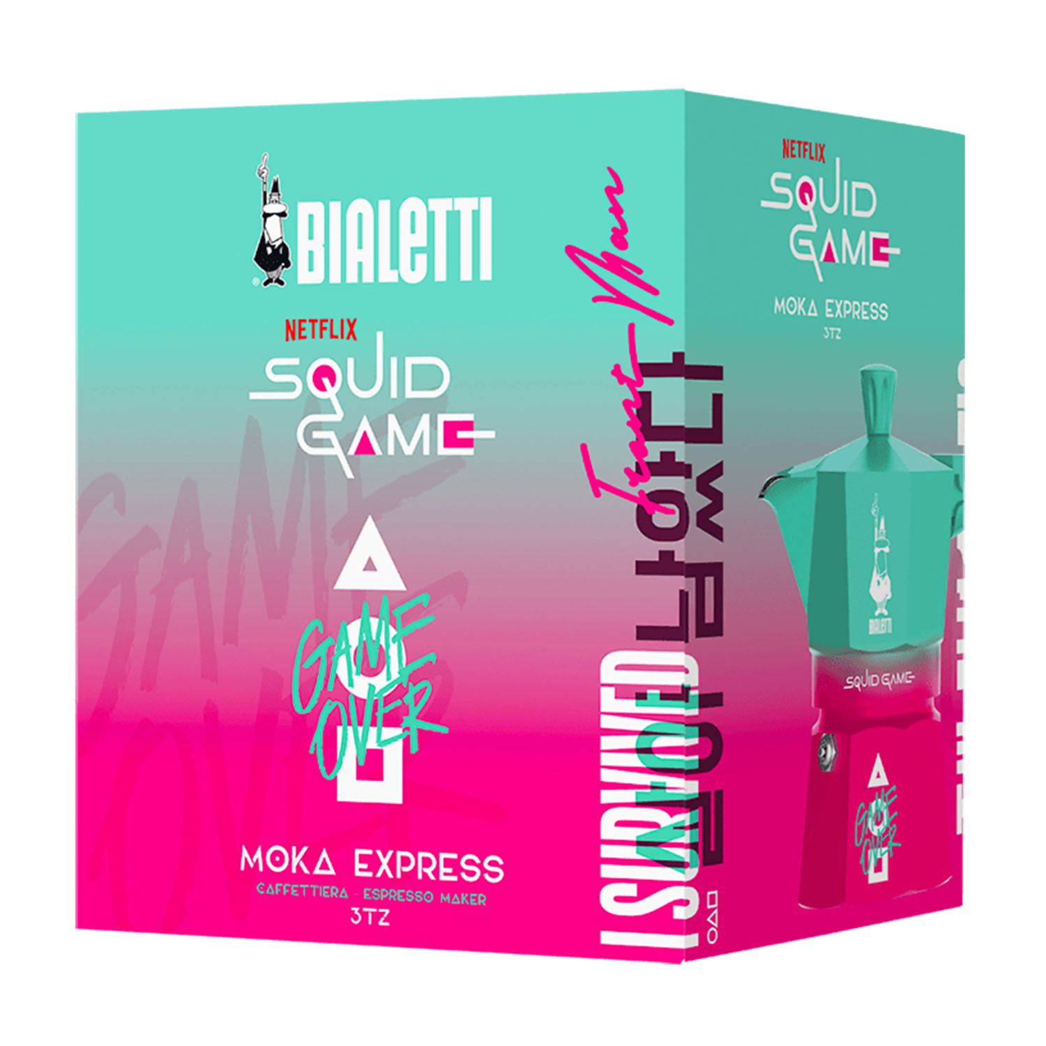 Scatola a tema 'Squid Game'. Presenta una caffettiera, il logo Bialetti e la frase 'Game Over'. I colori sono rosa, turchese e rosso.