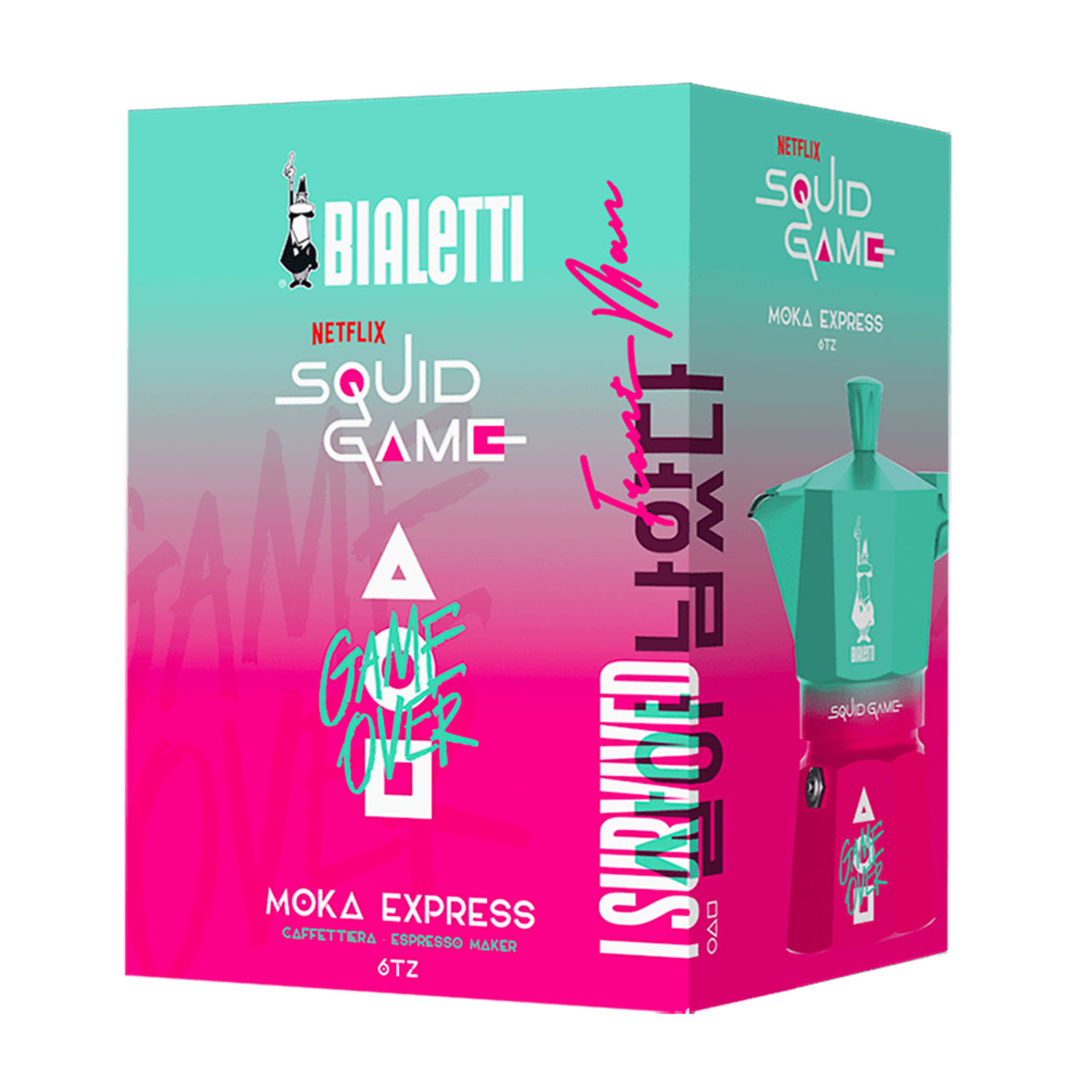 Una scatola Bialetti Moka Express, turchese e rosa, che promuove Squid Game di Netflix. Presenta il design della caffettiera Moka e il testo 'Game Over'.