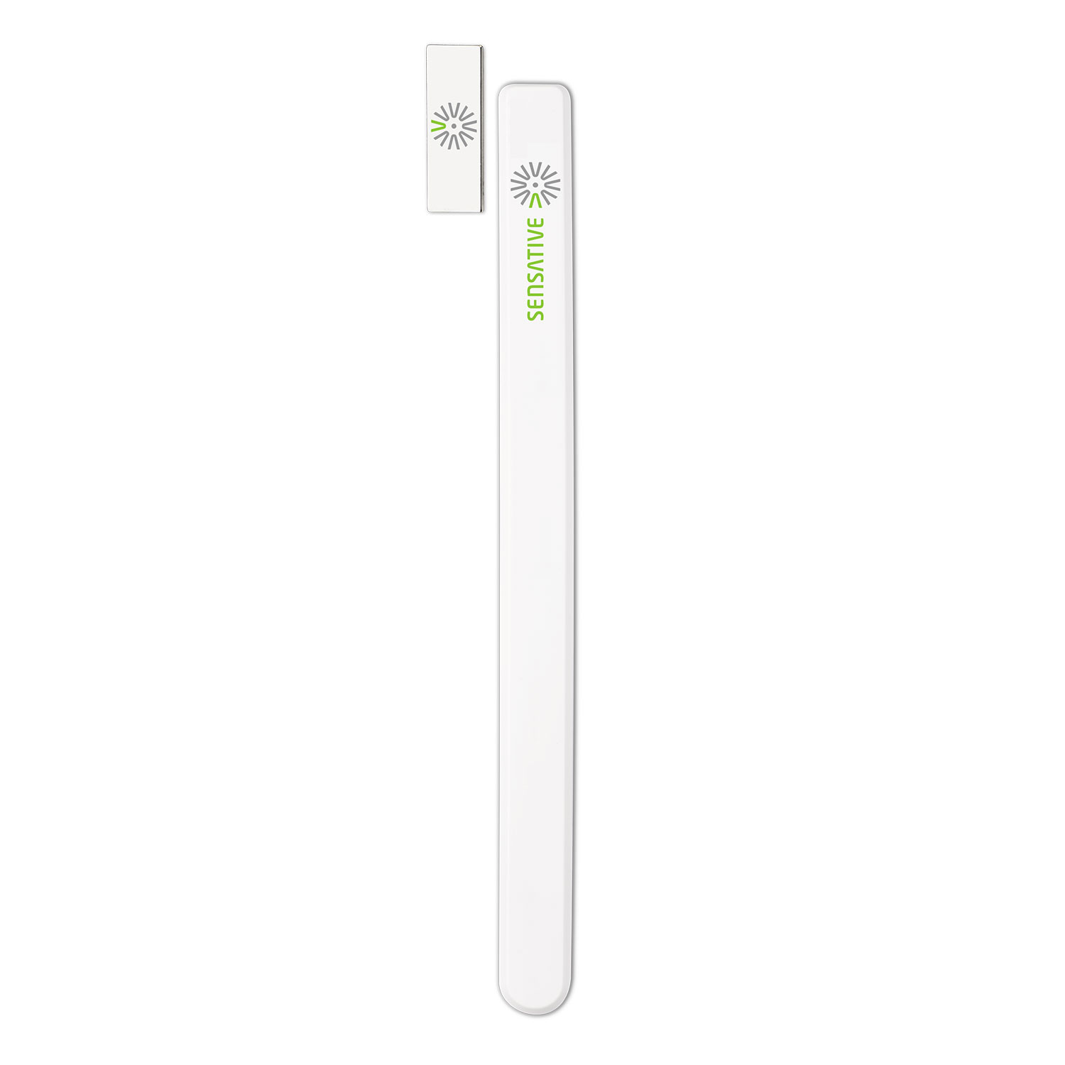 Zwei weiße, mit Sensative beschriftete Stäbe. Einer ist lang und der andere kurz. Beide haben grüne und graue Designs.