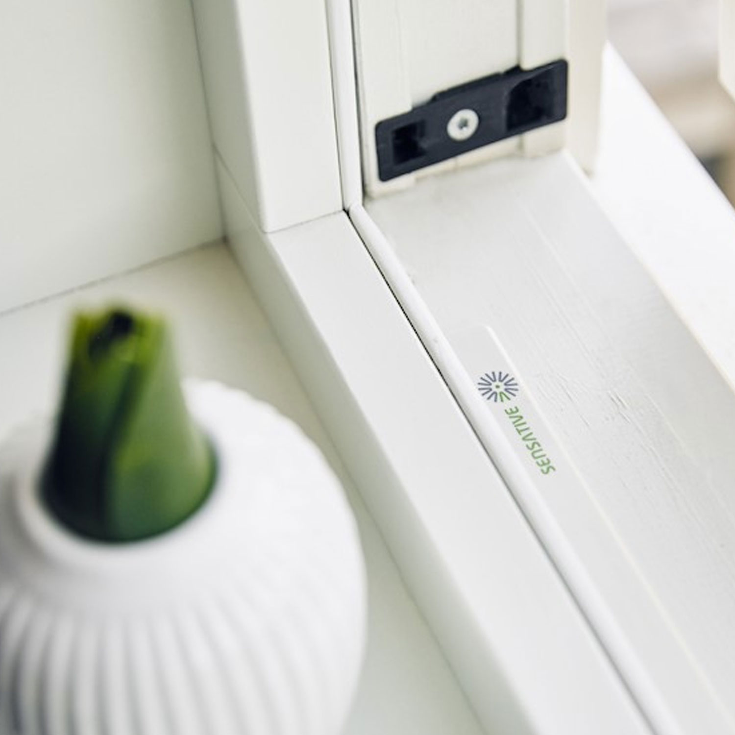 Weißer Fensterrahmen mit einem grünen Objekt in einer weißen Vase. Am Rahmen befindet sich eine schwarze Halterung. Das Wort SENSITIVE ist geschrieben.