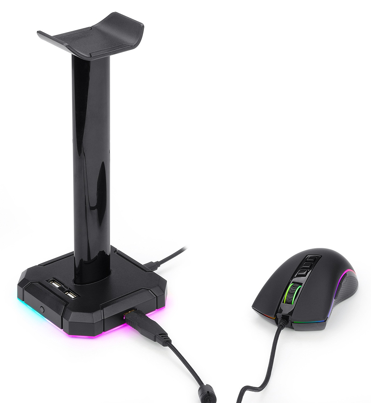 Czarny stojak na słuchawki z myszką do gier. Stojak posiada hub USB. Mysz i stojak mają oświetlenie RGB.