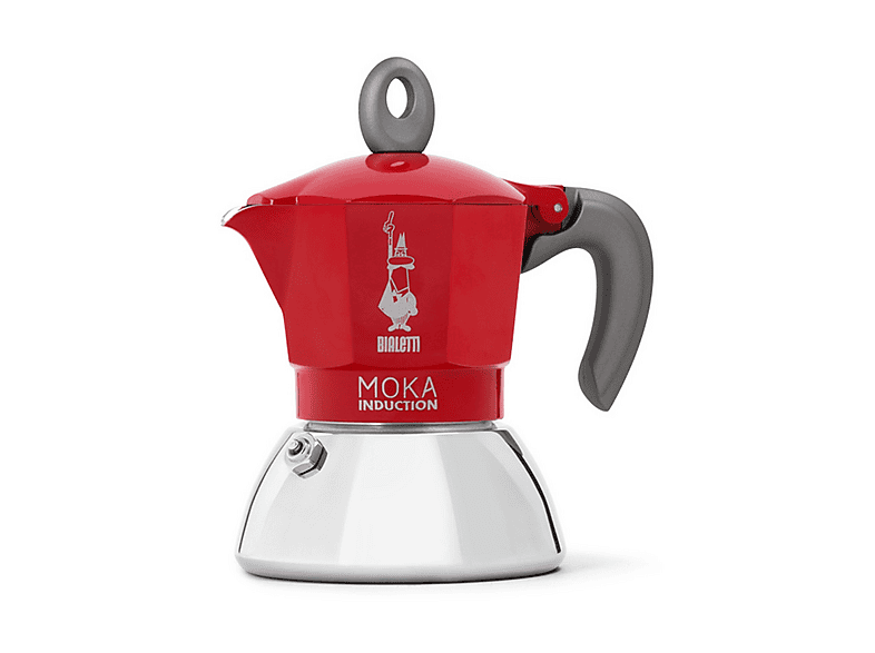 Moka Bialetti Induction, 2 Tazze, Adatta a tutti i piani cottura, 100 ml, Acciaio, Rosso Moka da induzione