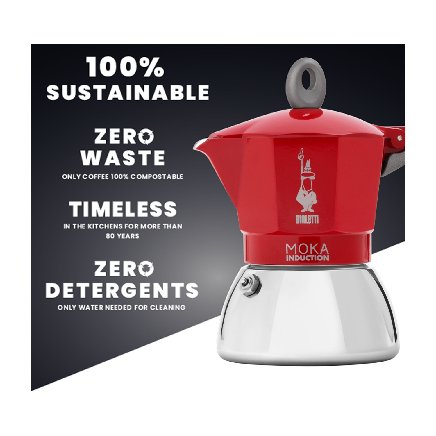 È mostrata una caffettiera Moka rossa e argento. Il testo evidenzia la sostenibilità, zero sprechi, il design senza tempo e la pulizia senza detersivi.