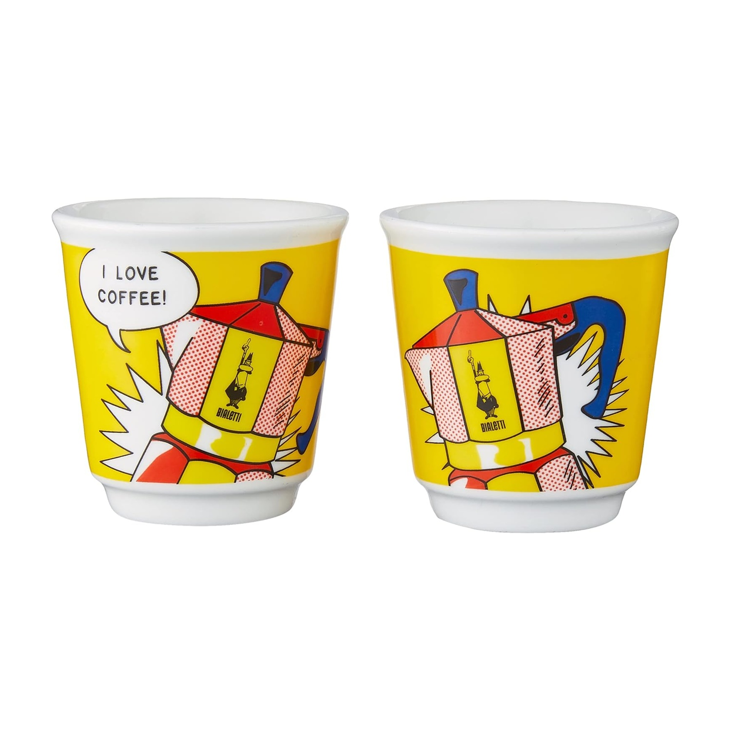 Due tazze bianche con sfondo giallo. Ogni tazza ha un design di caffettiera Bialetti. Una tazza ha un fumetto con scritto 'I love coffee!'