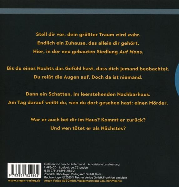 Dunkler Buchcover mit weißem Text. Er wirbt für eine Thriller-Geschichte über ein Zuhause, Schatten und einen Mörder.