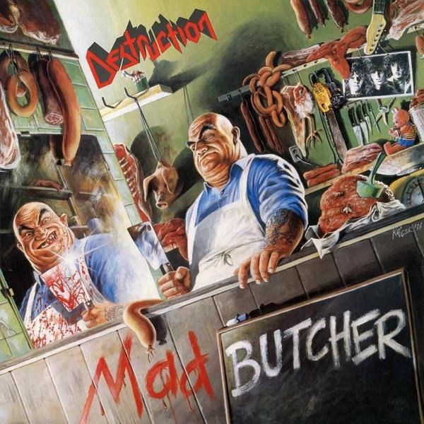 Albumcover. Zwei Metzger mit Hackmessern, hängendes Fleisch, "Mad Butcher" Schild, "Destruction" Logo.