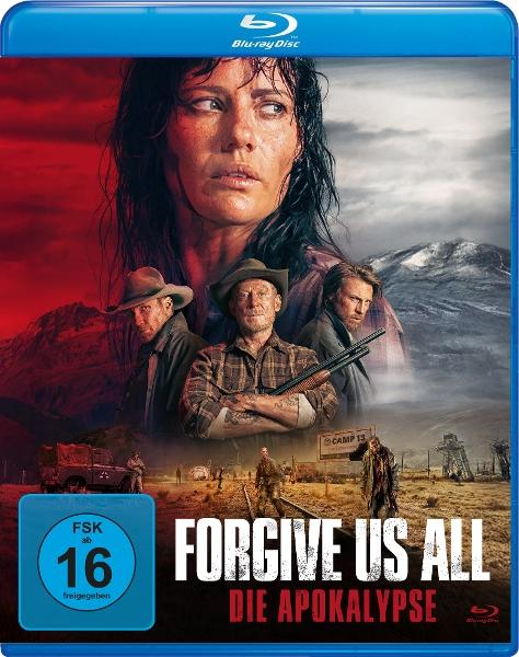 Blu-ray-Cover. Frauengesicht, drei Männer, Titel 'Forgive Us All'. Postapokalyptische Szene mit Zombies und Militärfahrzeug.