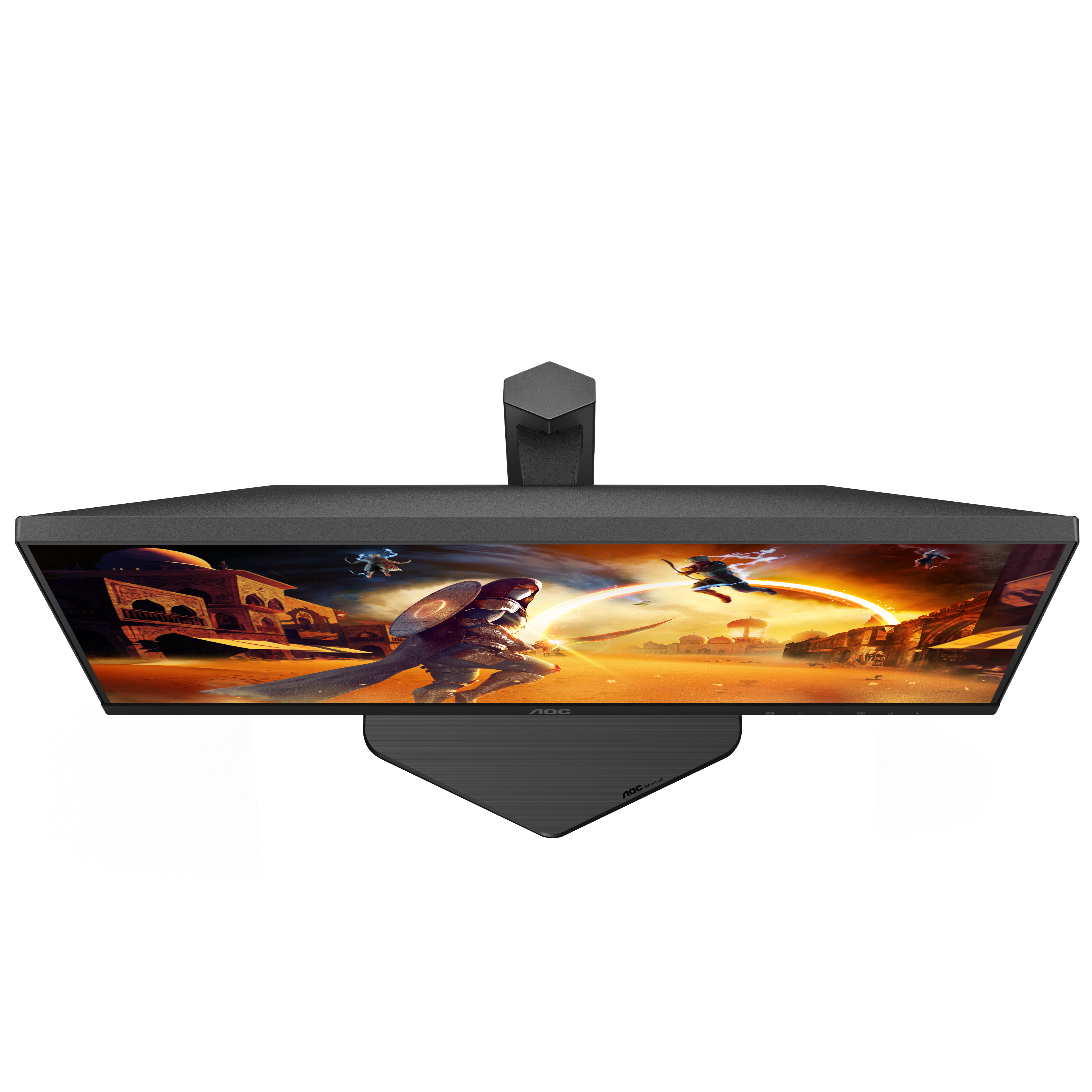 Ein Gaming-Monitor zeigt eine Fantasy-Kampfszene. Eine Kapuzenfigur schwingt ein Schwert, andere Charaktere kämpfen im Hintergrund.
