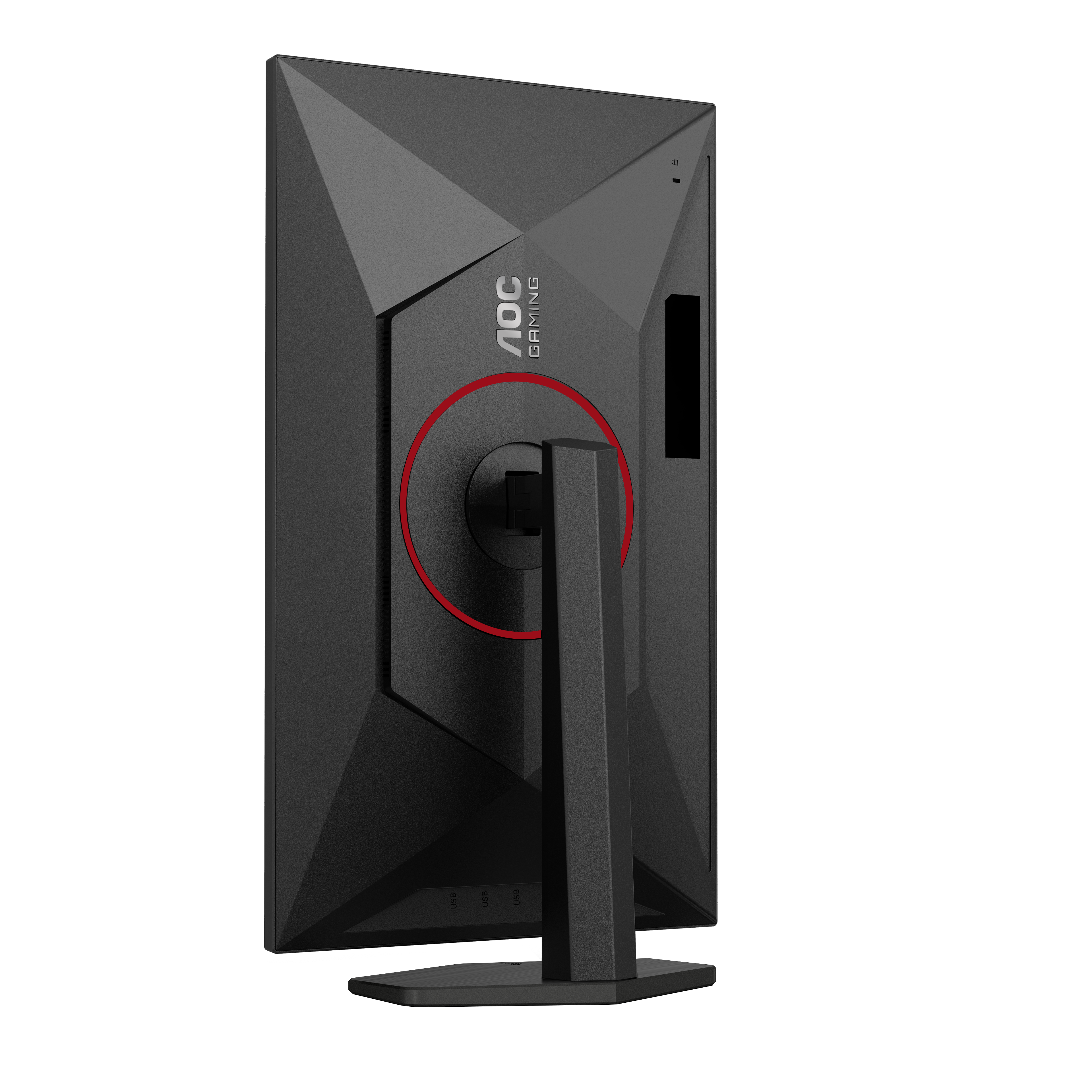 Ein schwarzer AOC-Gaming-Monitor. Die Rückseite ist sichtbar und zeigt einen roten Ring um den Ständeranschluss und das AOC Gaming-Logo.