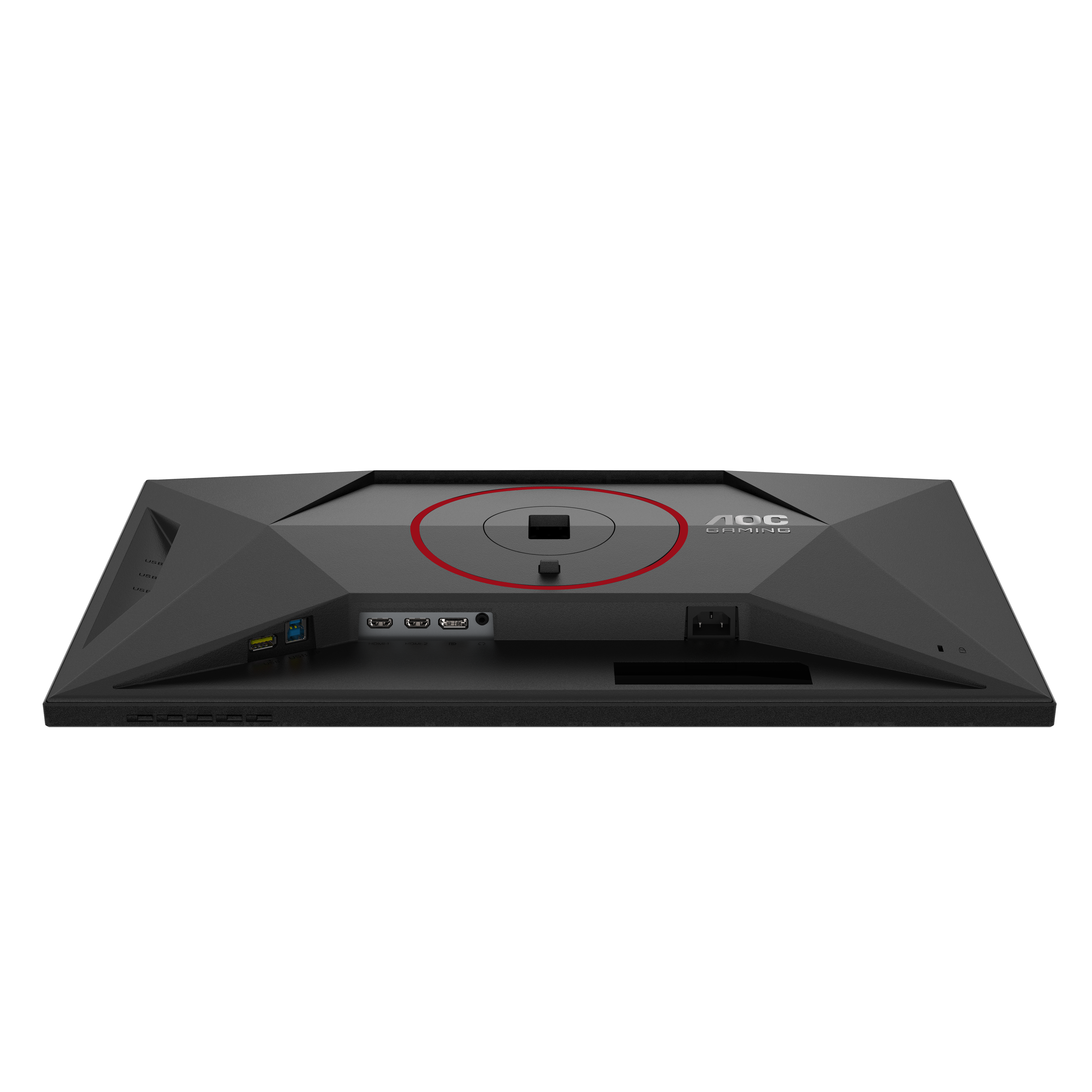 Rückansicht eines schwarzen Computermonitors. Es hat Anschlüsse und Branding. Der Hintergrund ist schwarz.