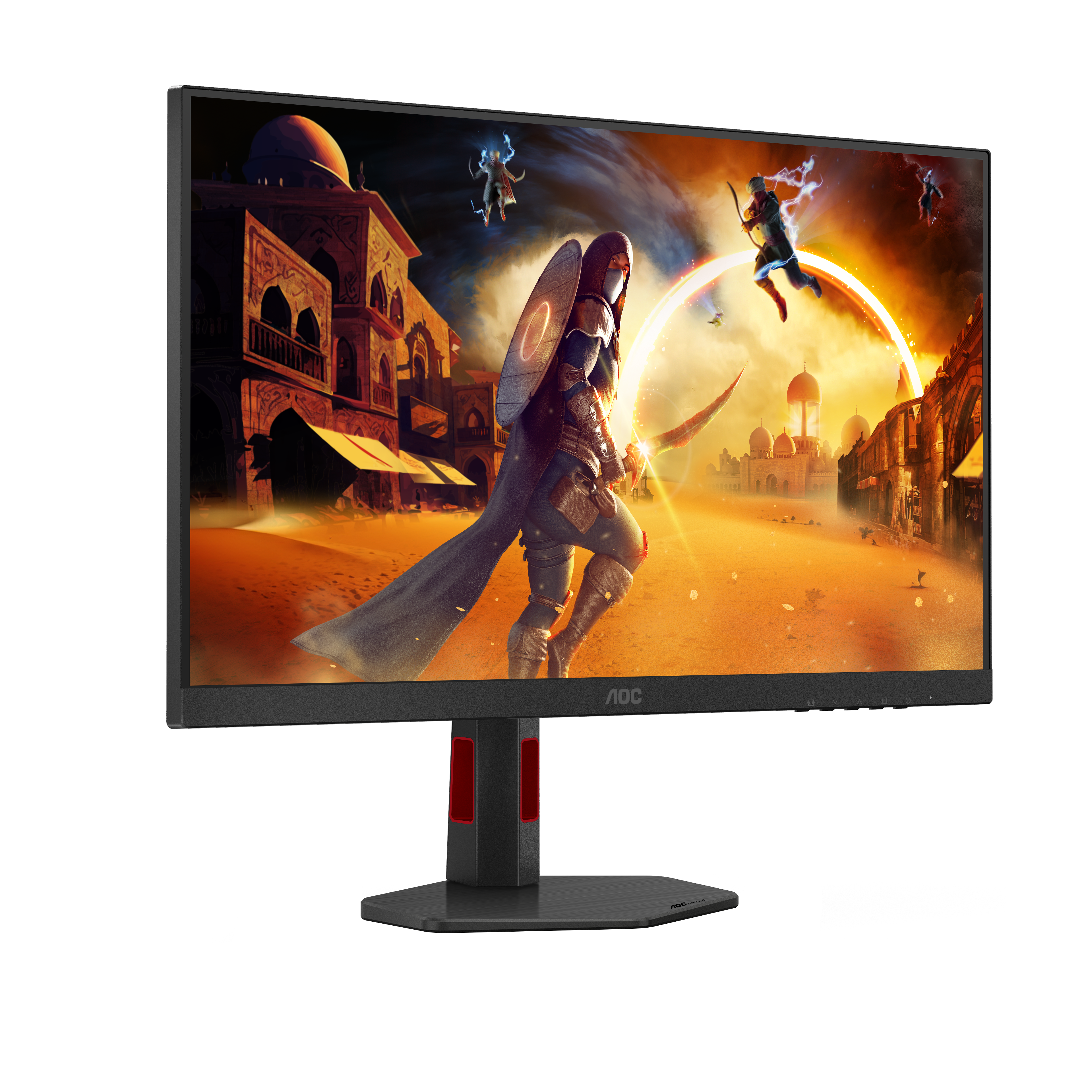 AOC-Monitor zeigt eine Wüstenlandschaft mit einem Krieger, Gebäuden und Figuren. Der Monitor steht auf einem schwarzen Ständer.