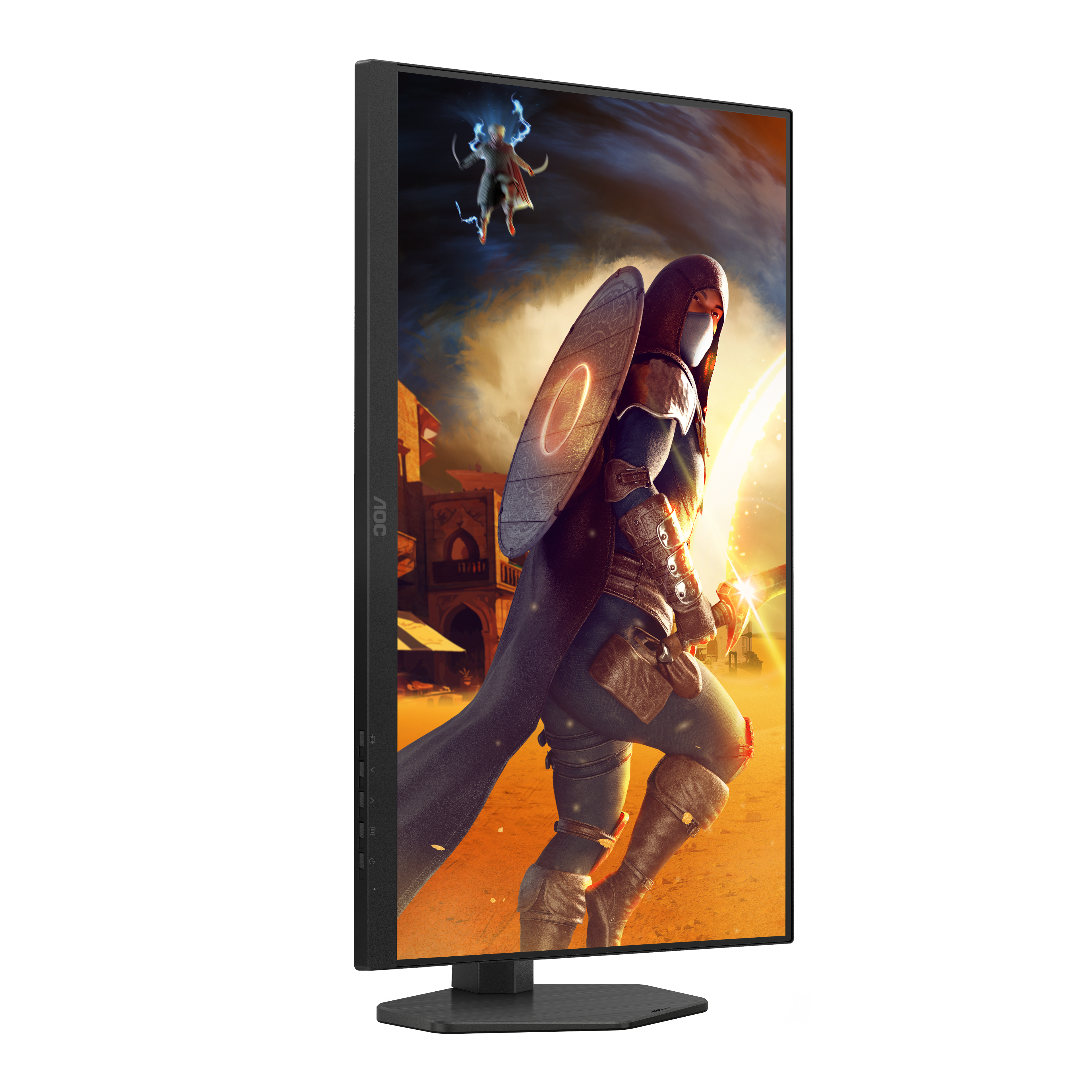 AOC-Monitor mit einem Fantasy-Krieger mit Schwert und Schild. Hintergrund zeigt eine fliegende Figur und Wüstenlandschaft.
