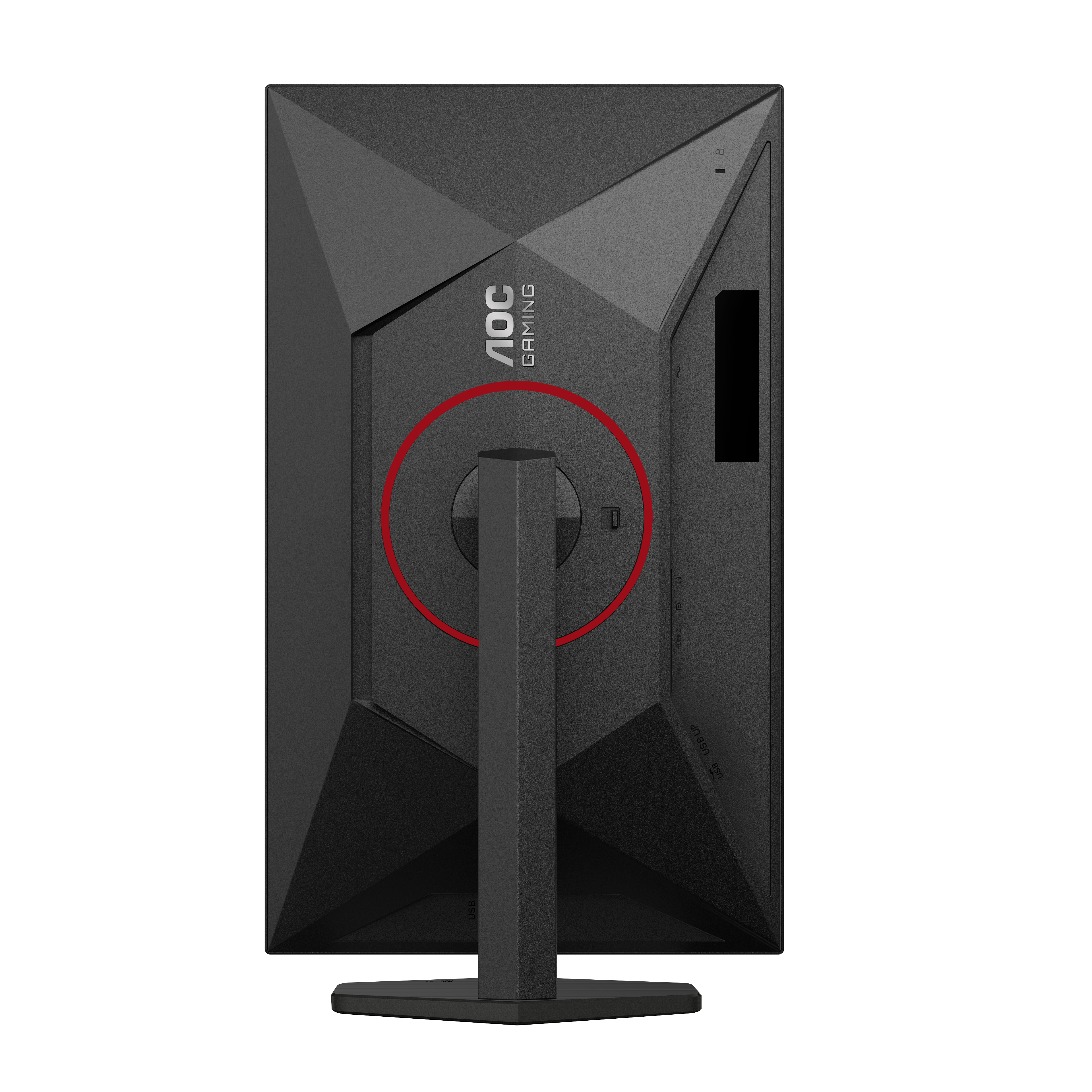 Rückseite eines schwarzen AOC-Gaming-Monitors. Mit Ständer, Anschlüssen und dem AOC Gaming-Logo.