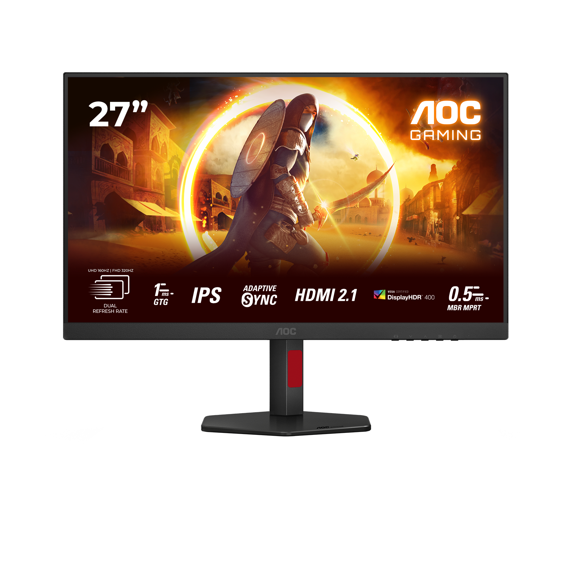AOC-Gaming-Monitor. Das Display zeigt einen Krieger mit Schild und Bogen. Zu den Merkmalen gehören HDMI, Adaptive Sync und HDR400.