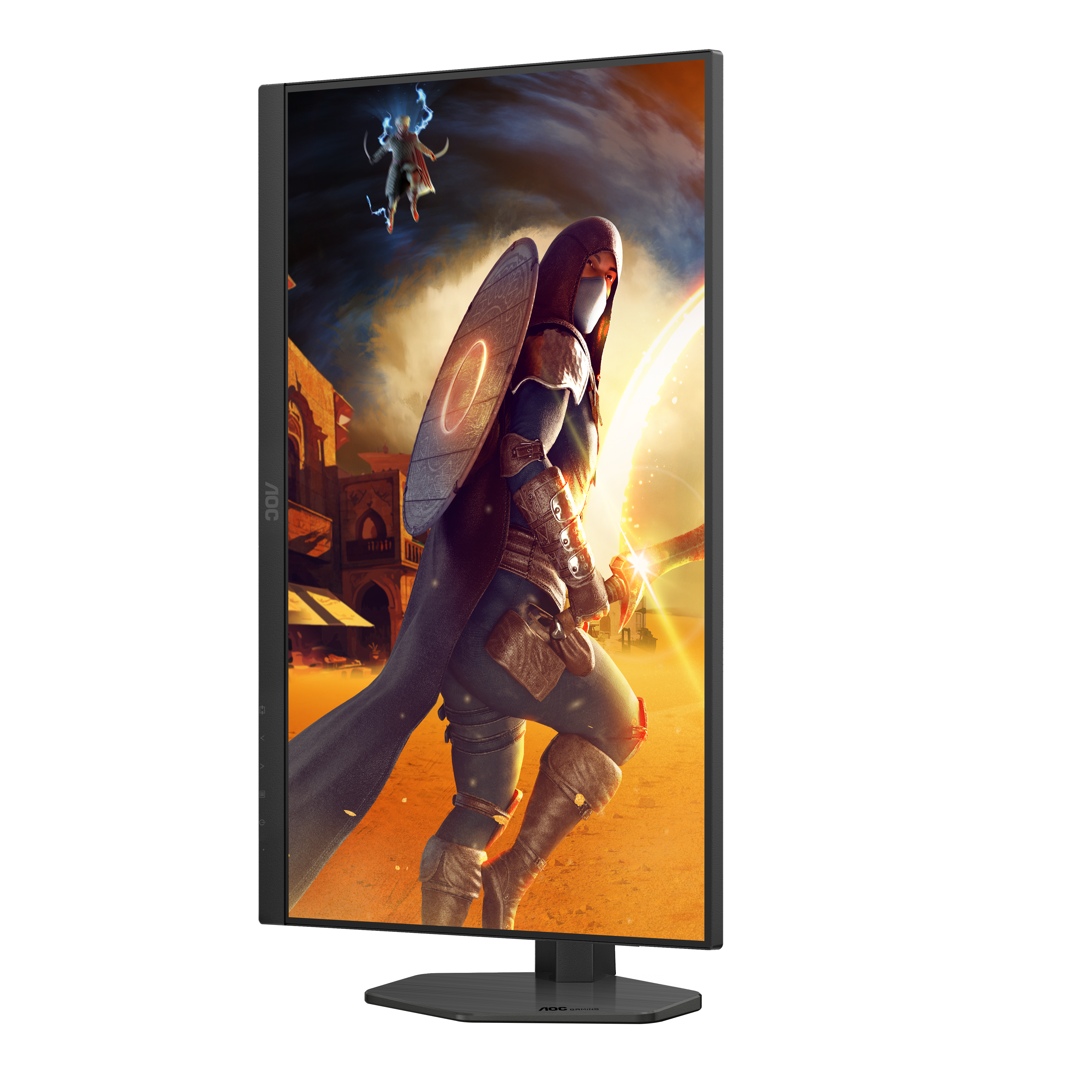 AOC-Gaming-Monitor zeigt eine Fantasieszene mit Kapuzenfigur, Schild und Schwert. Blitz und Gebäude im Hintergrund.