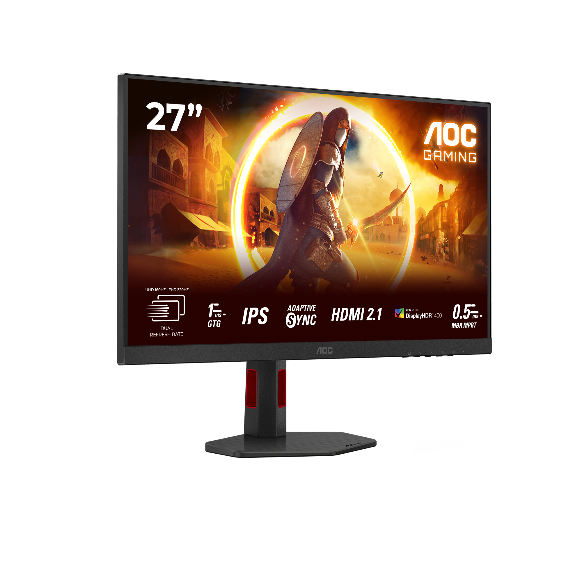 AOC Gaming Monitor. Merkmale sind 27-Zoll-Bildschirm, IPS, Adaptive Sync, HDMI 2.1 und DisplayHDR 400.