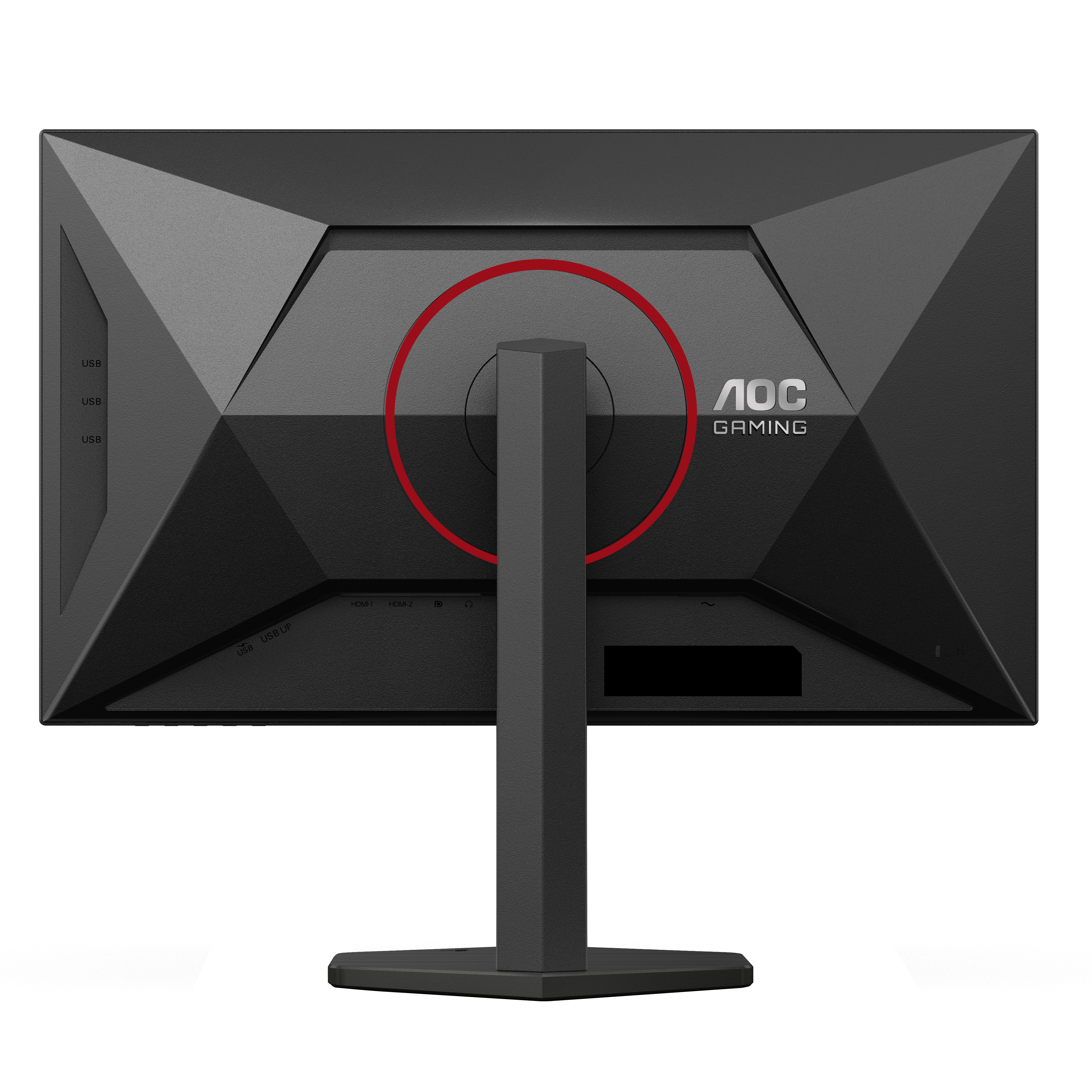 Rückansicht eines schwarzen AOC-Gaming-Monitors. Er hat USB-Anschlüsse, HDMI-Anschlüsse und einen roten Kreis. Der Ständer ist ebenfalls schwarz.