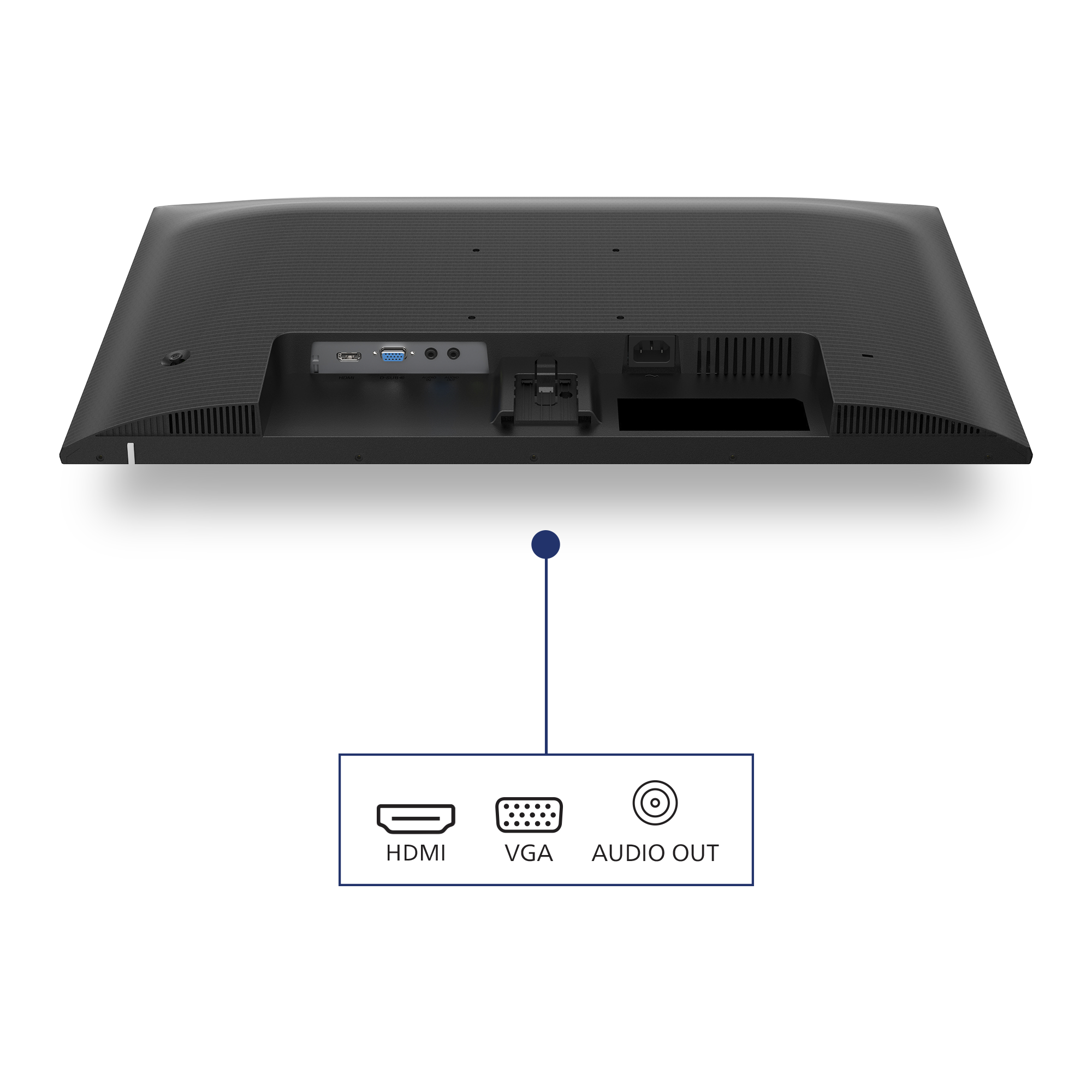 Rückansicht eines schwarzen Computermonitors. HDMI-, VGA- und Audioausgänge sind sichtbar. Weißer Hintergrund.