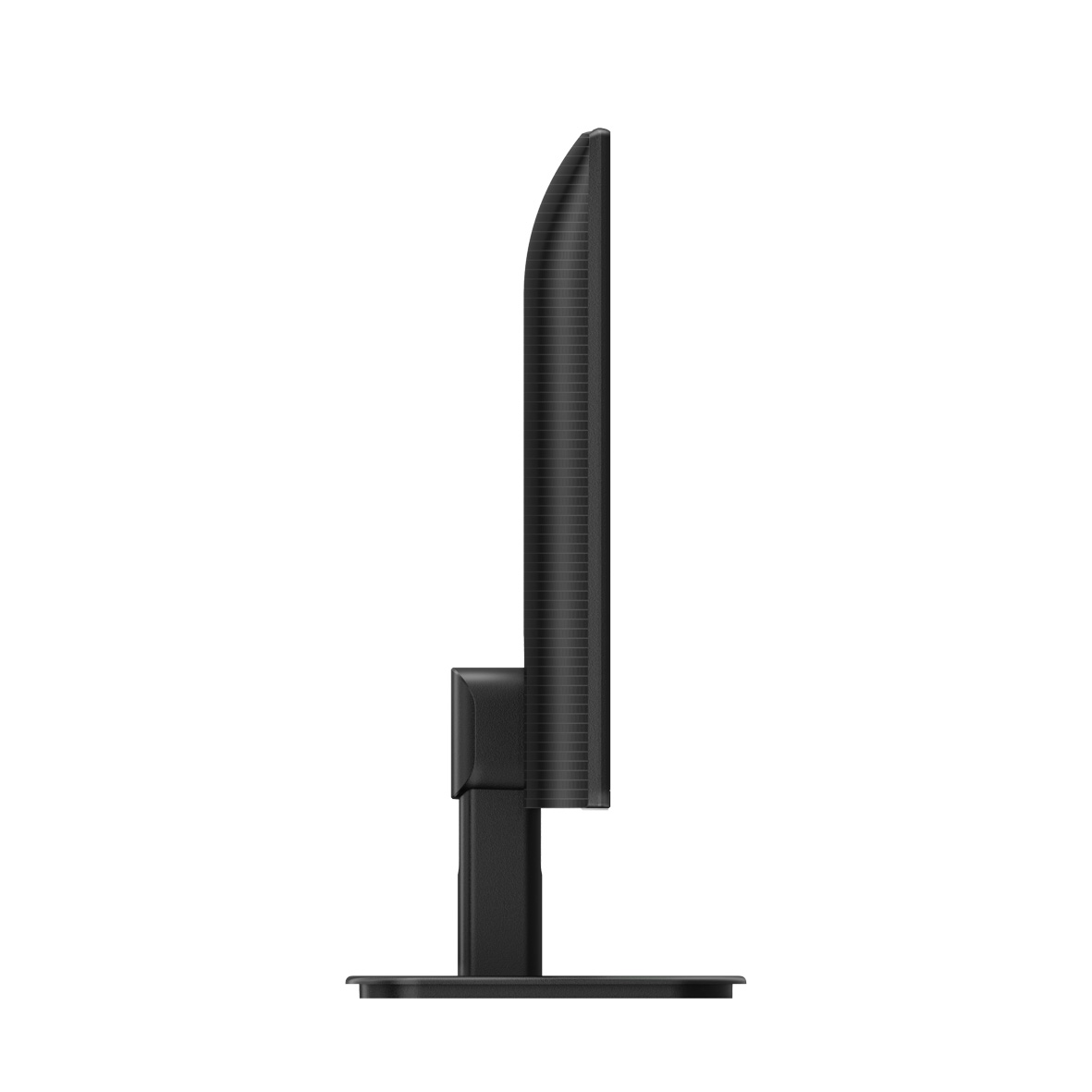 Ein schwarzer Computermonitor von der Seite gesehen. Er steht auf einem schwarzen Ständer vor weißem Hintergrund.