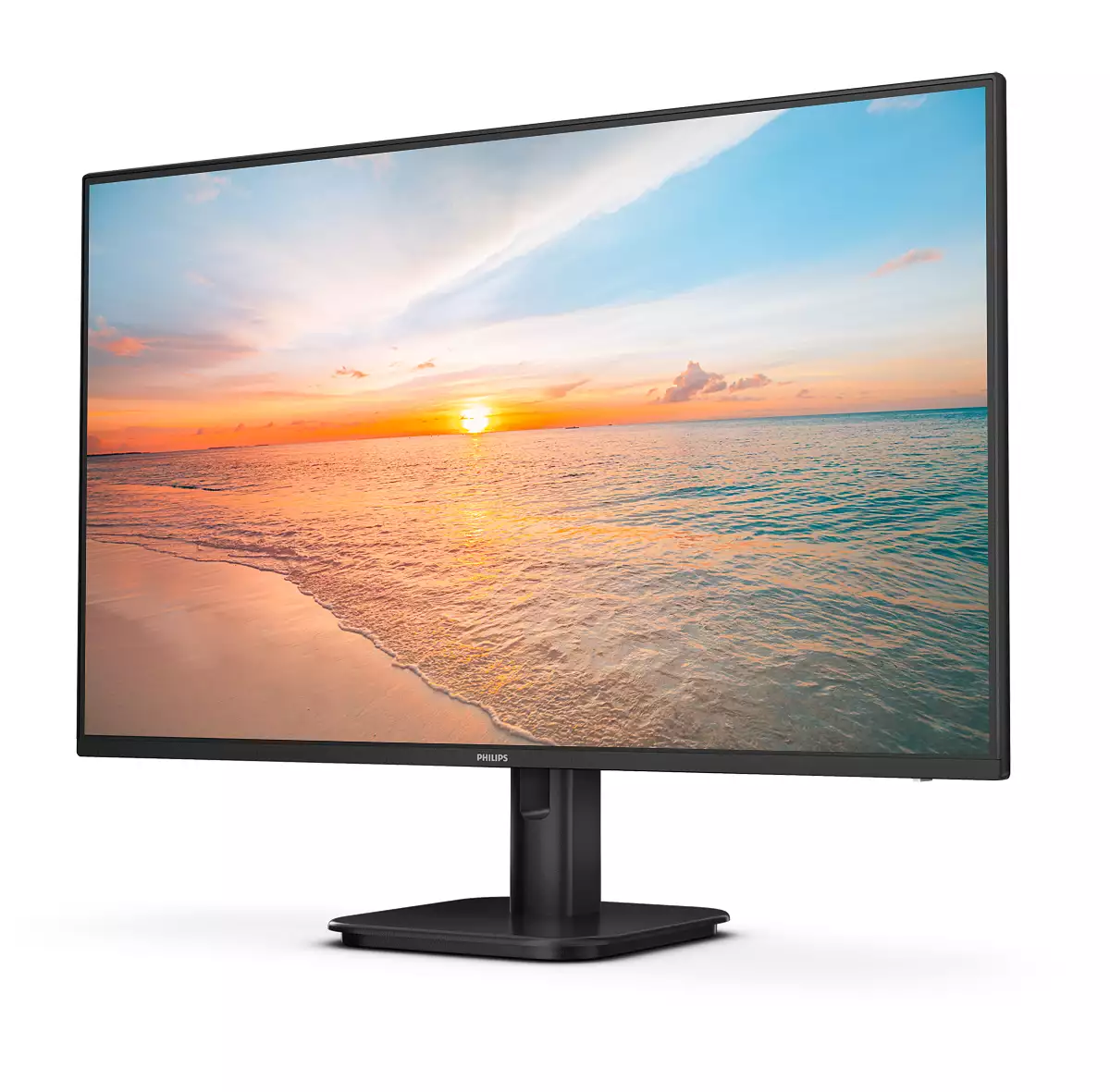 Ein Philips-Monitor zeigt eine Strand-Sonnenuntergangs-Szene. Der Monitor hat einen schwarzen Rahmen und Ständer, vor weißem Hintergrund.