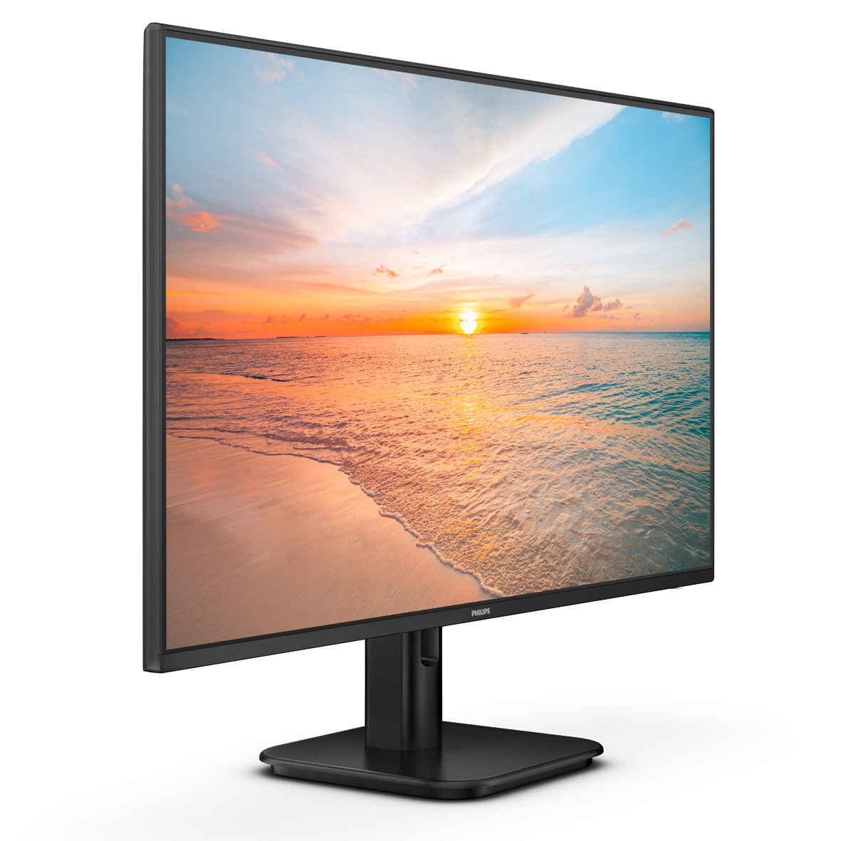 Monitor mit Sonnenuntergang am Strand. Schwarzer Rahmen, Ständer. Philips-Logo unten. Weißer Hintergrund.