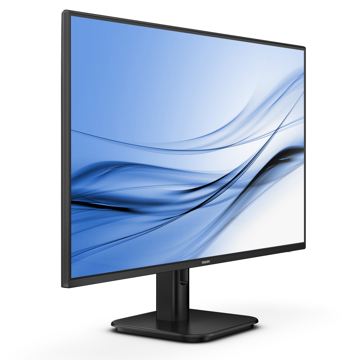 Ein schwarzer Philips Computermonitor mit blau-weißem, abstraktem Display auf einem schwarzen Ständer vor weißem Hintergrund.