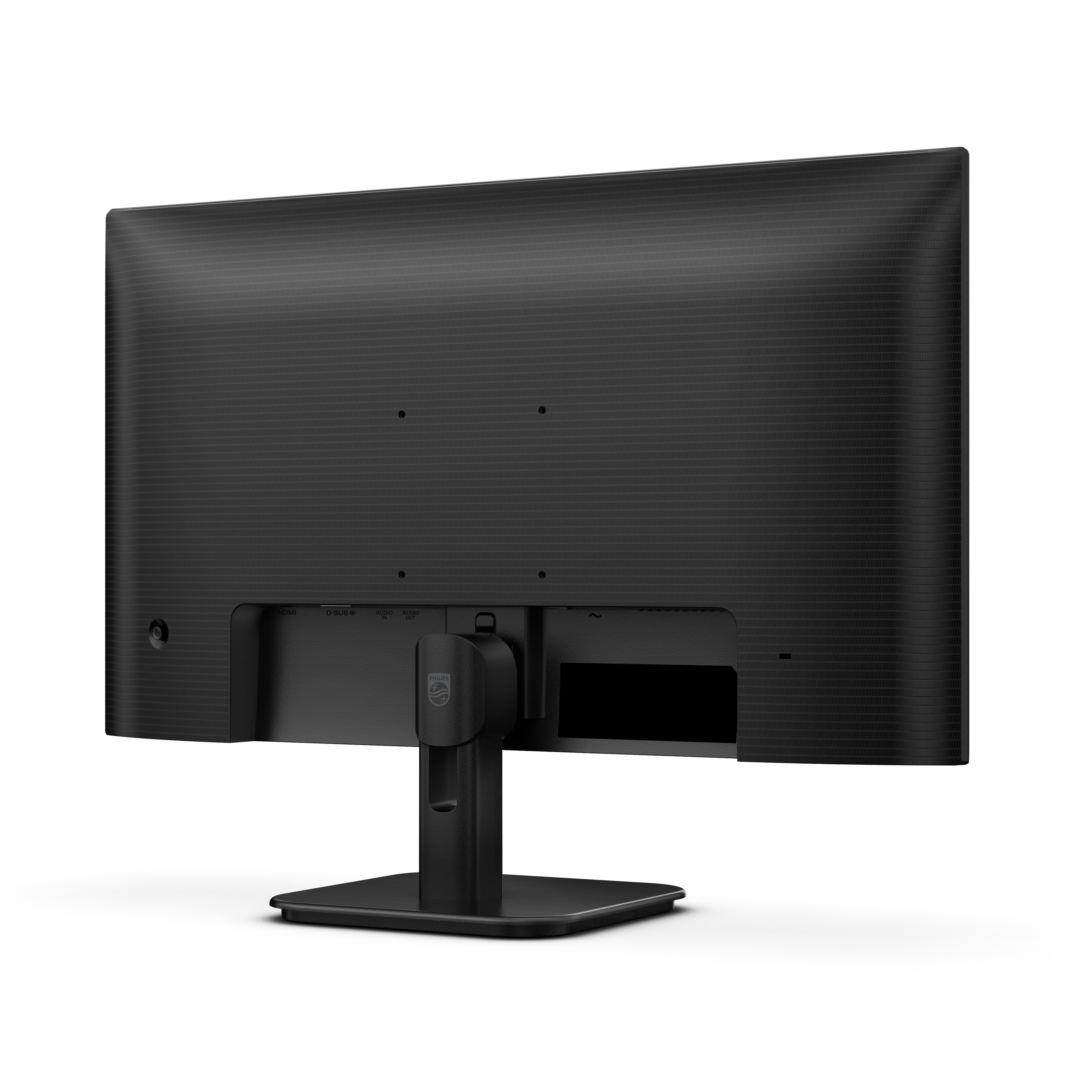 Rückansicht eines schwarzen Computermonitors mit Ständer. Das Philips-Logo ist sichtbar. Die Eingänge sind mit HDMI und D-SUB beschriftet.