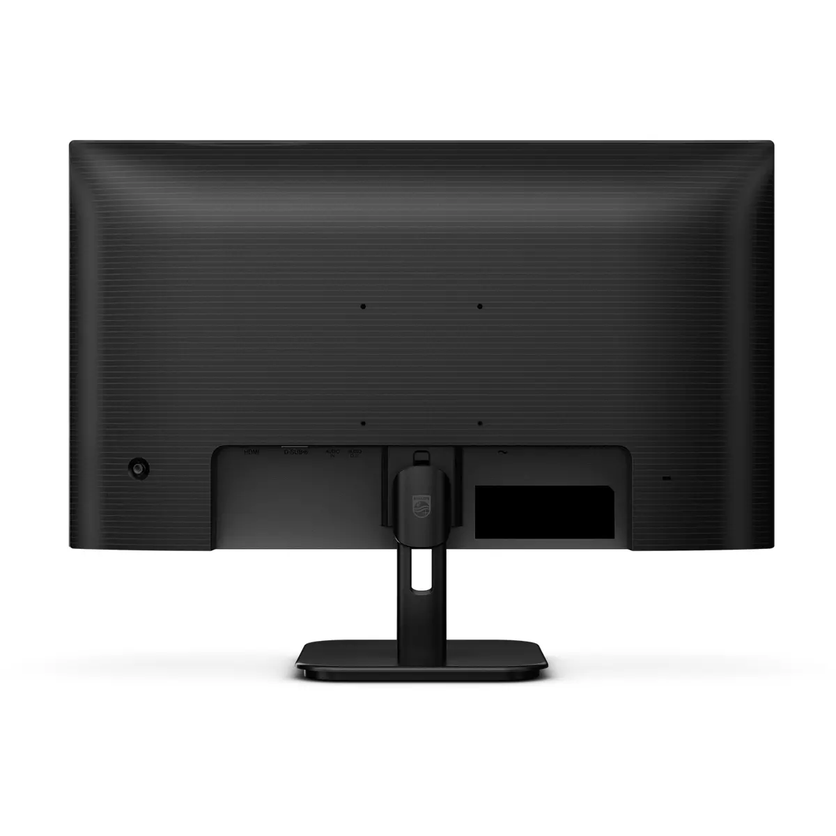 Rückansicht eines schwarzen Computermonitors mit Anschlüssen und einem Ständer. Das Philips-Logo ist sichtbar. Weißer Hintergrund.