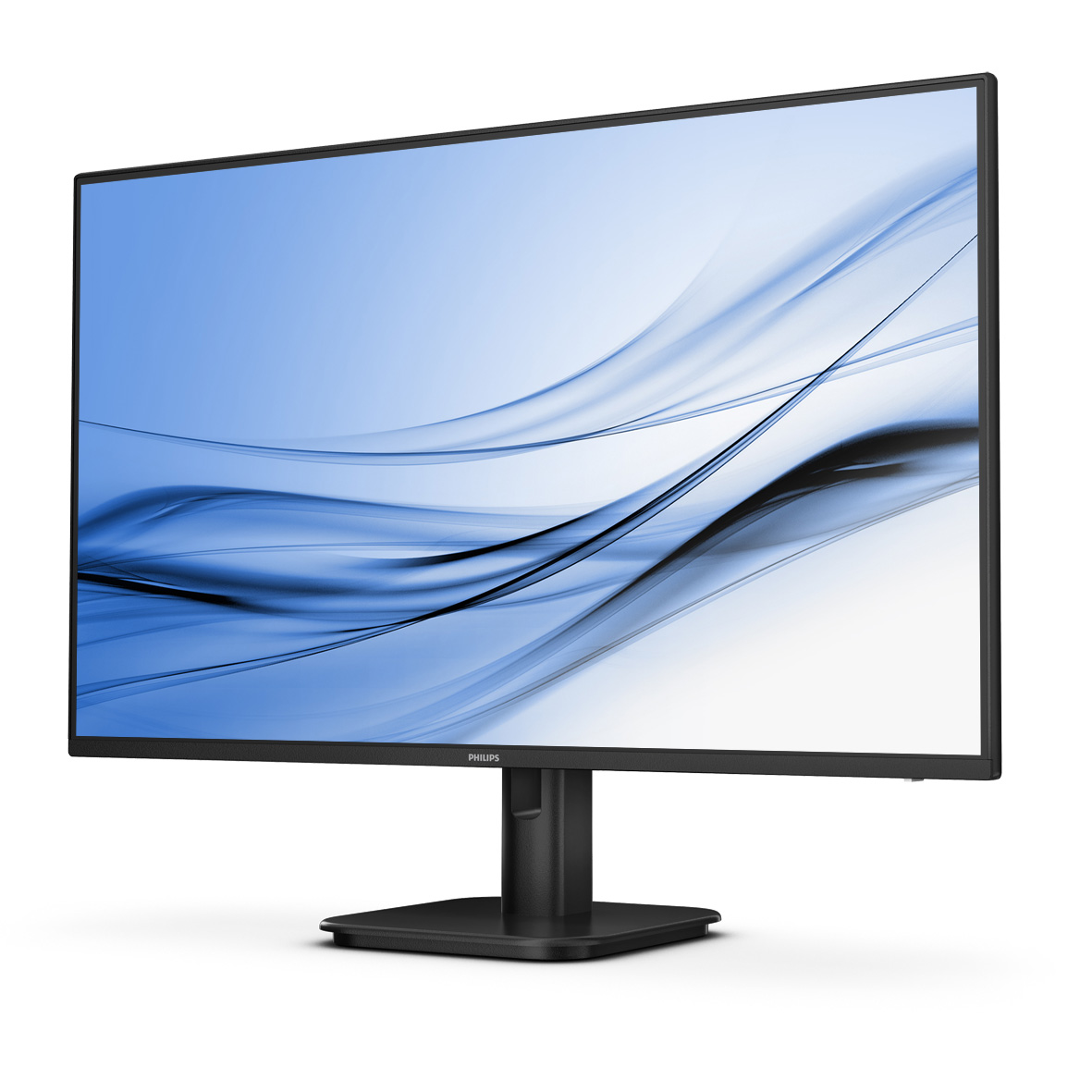 Ein schwarzer Philips-Computermonitor zeigt ein blau-weißes abstraktes Design. Der Monitor steht auf einem schwarzen Ständer und Sockel, vor weißem Hintergrund.