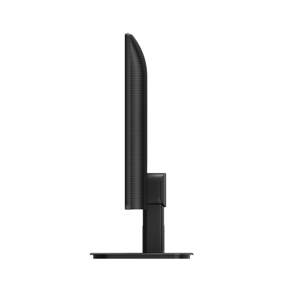 Ein schwarzer Computermonitor wird von der Seite gezeigt und zeigt den Bildschirm, den Ständer und die Basis. Der Hintergrund ist weiß.