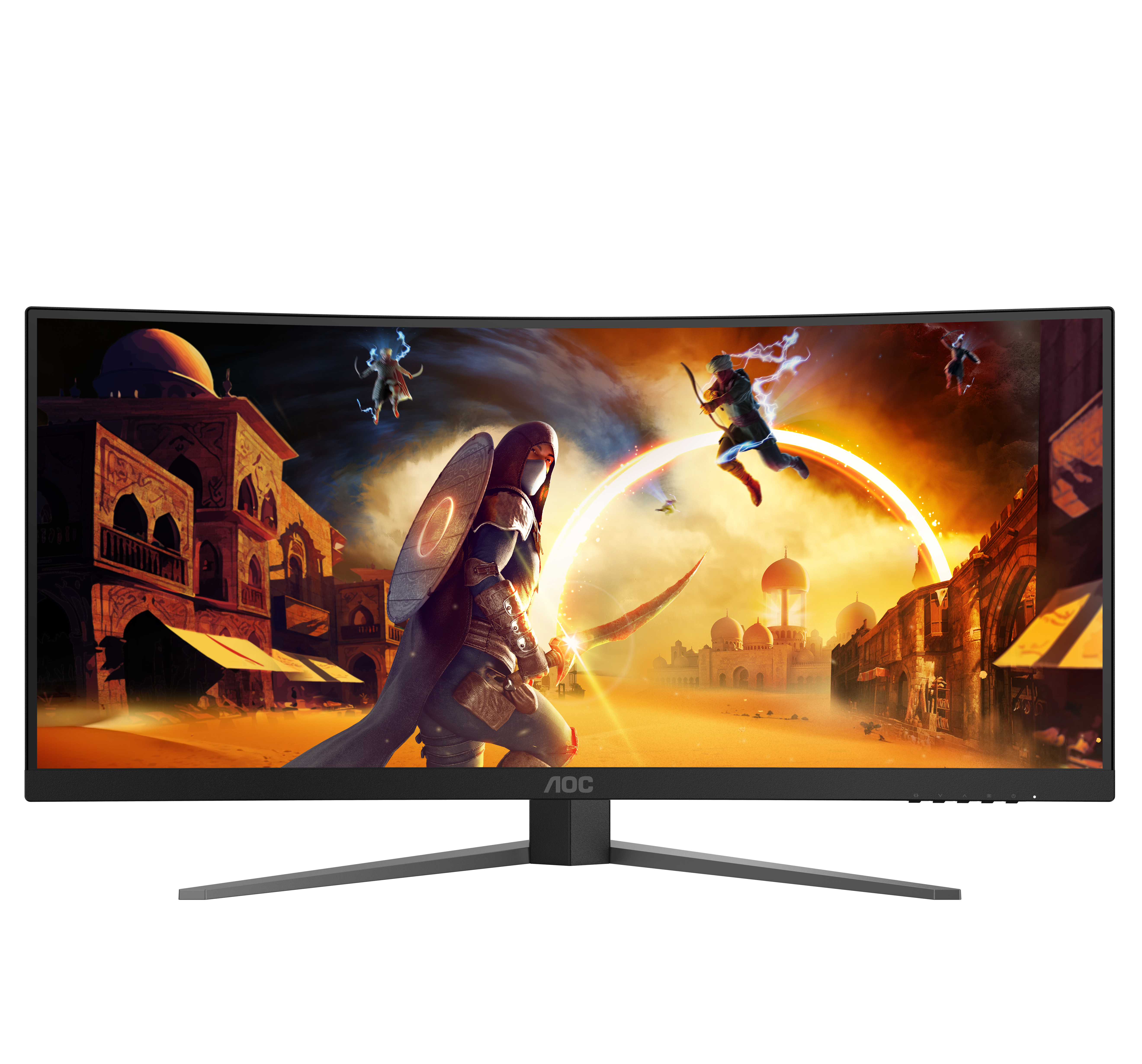 Un moniteur de jeu incurvé affiche une scène fantastique avec des guerriers, des bâtiments et un anneau brillant, sur fond de coucher de soleil.