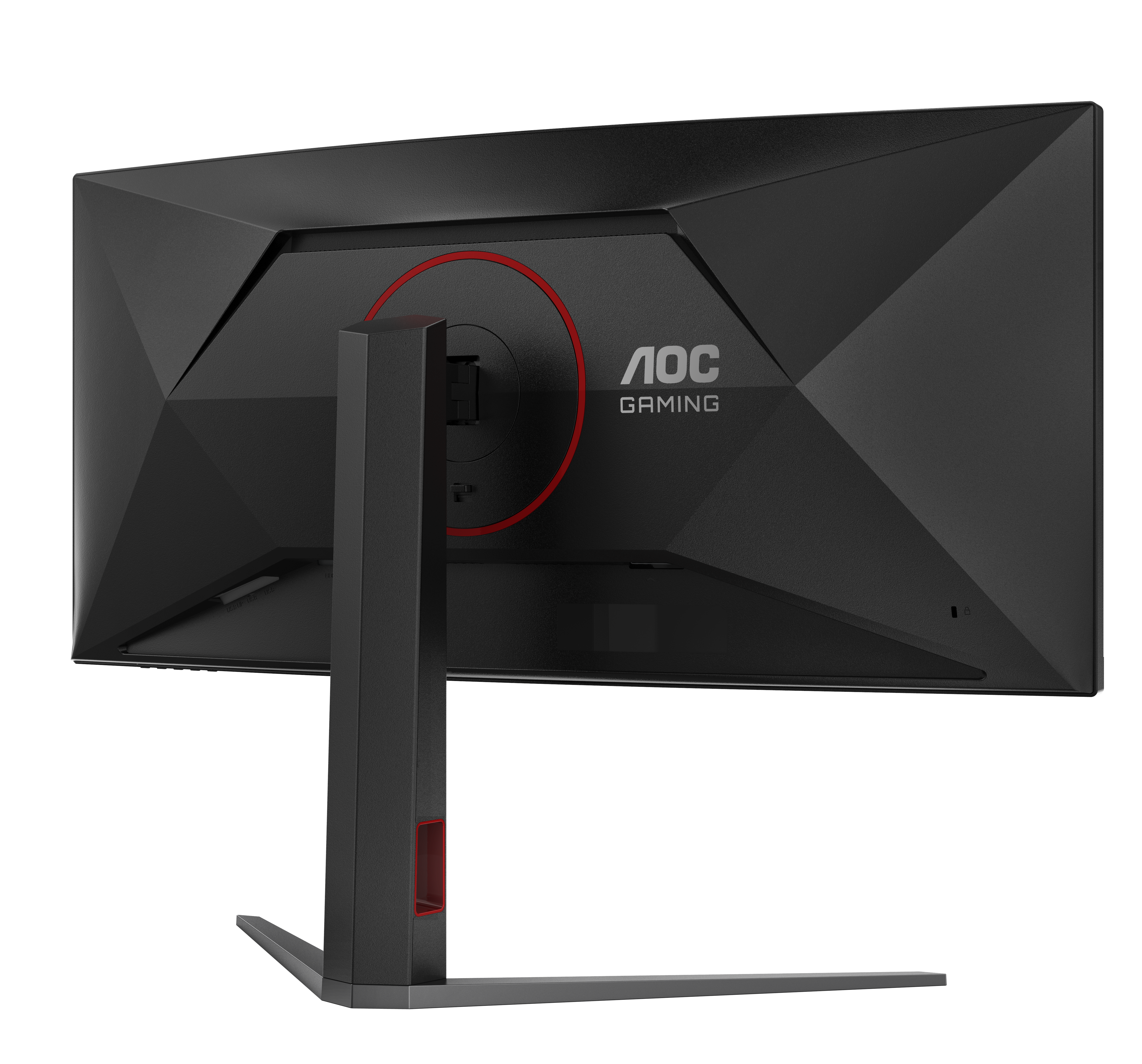 Vue arrière d'un moniteur de jeu AOC noir avec des accents rouges. Le support et la base sont également noirs et gris. Le logo AOC est visible.