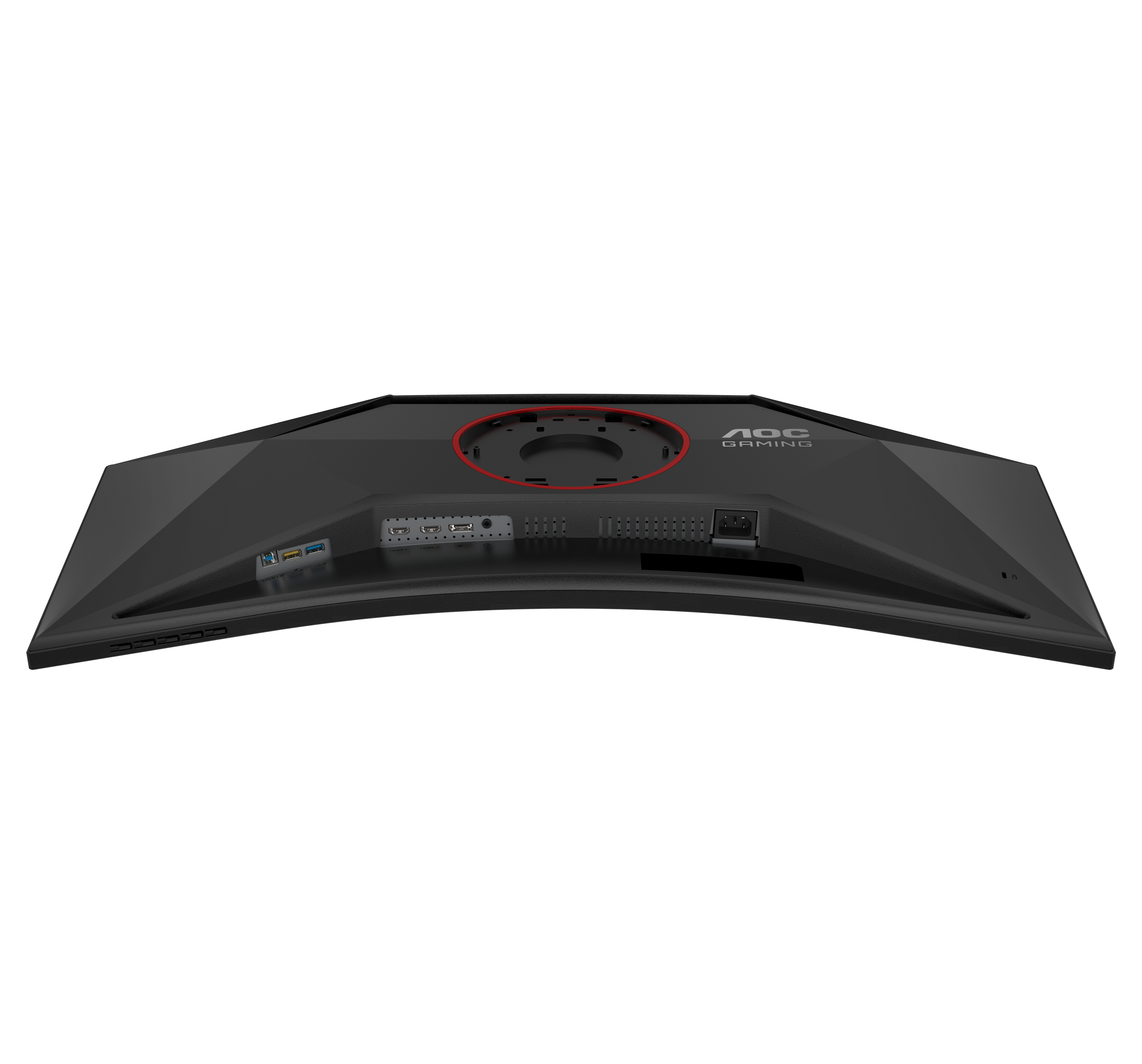 Arrière d'un écran incurvé noir. Ports, une entrée d'alimentation et le logo AOC Gaming sont visibles.