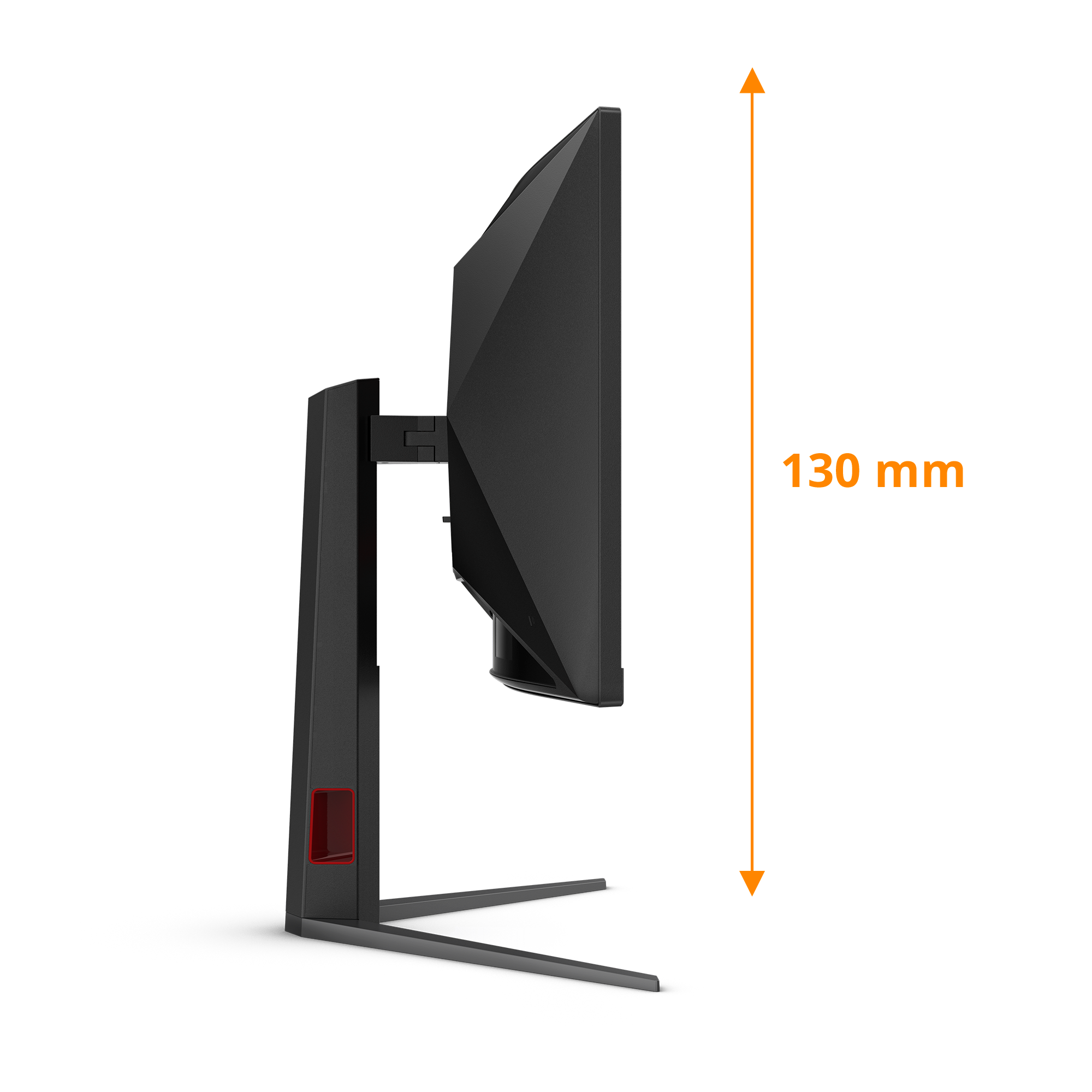 Un moniteur noir est vu de profil. Une flèche orange indique une hauteur de 130 mm. Le moniteur a un pied.